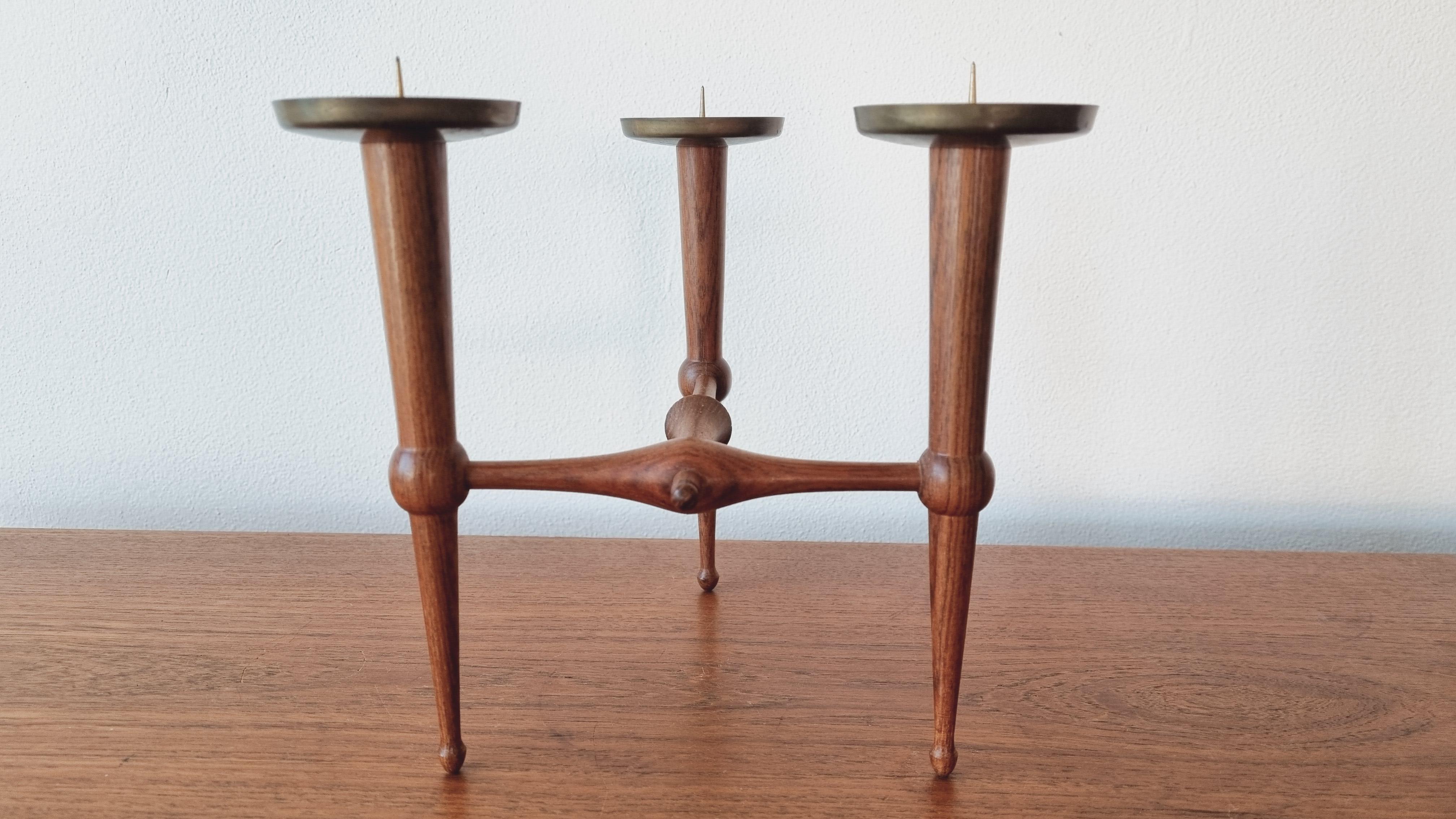 Midcentury Teak and Brass Rare Table Candle Holder / Stick, Denmark, 1960s For Sale 3