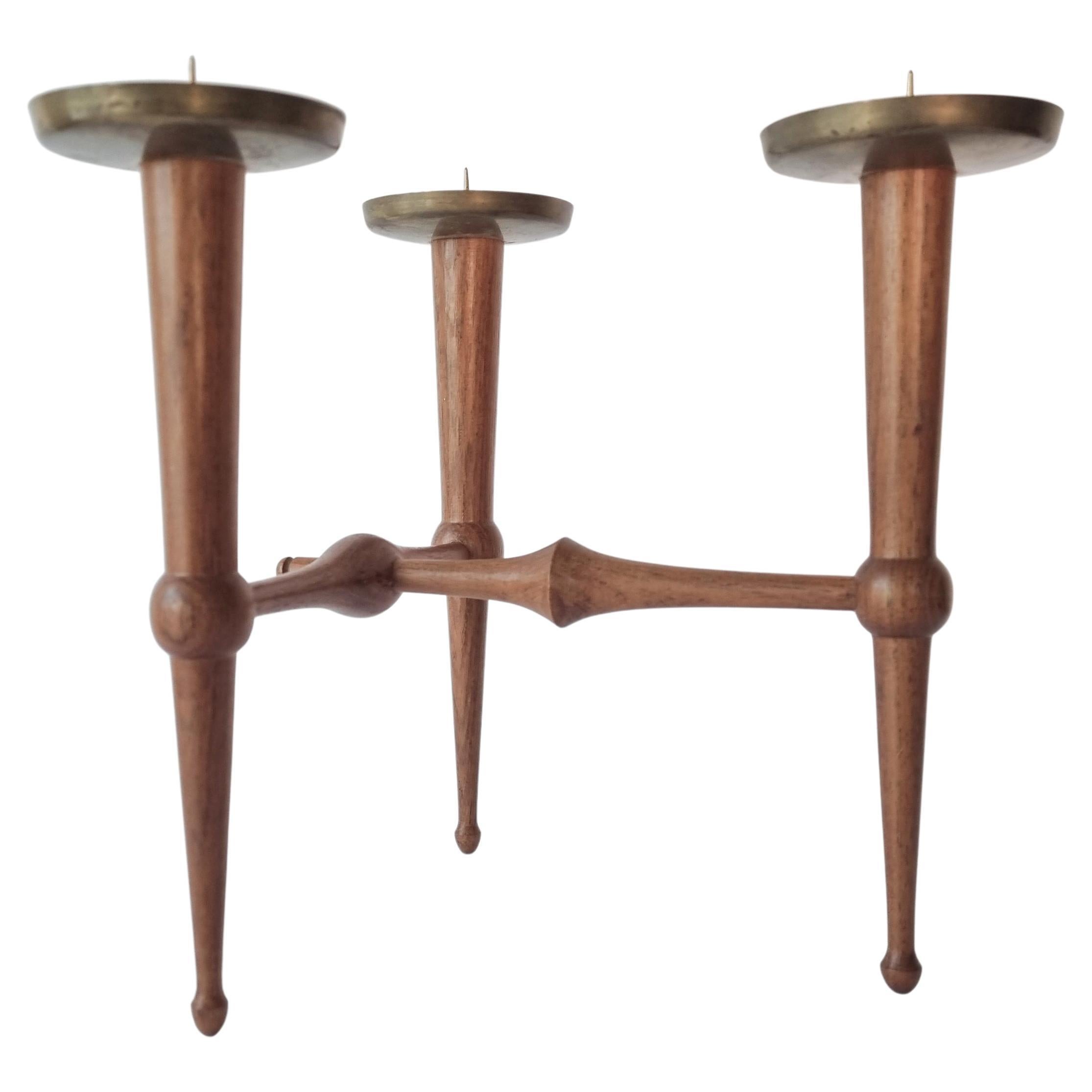 Midcentury Teak and Brass Rare Table Candle Holder / Stick, Denmark, 1960s For Sale