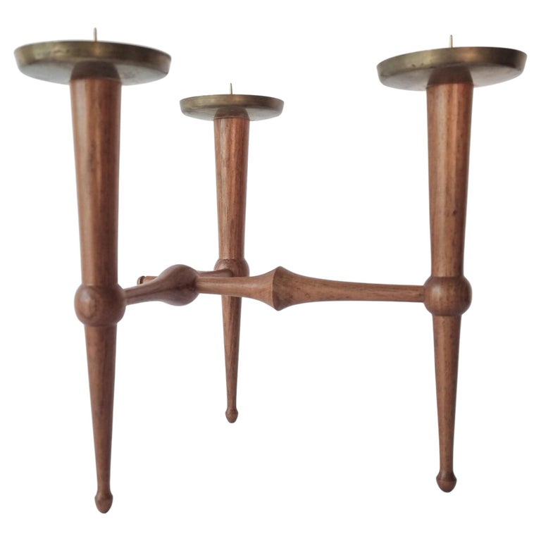 Midcentury Teak and Brass Rare Table Candle Holder / Stick, Denmark