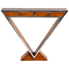 Midcentury Teak and Chrome Console with Triangular Base
