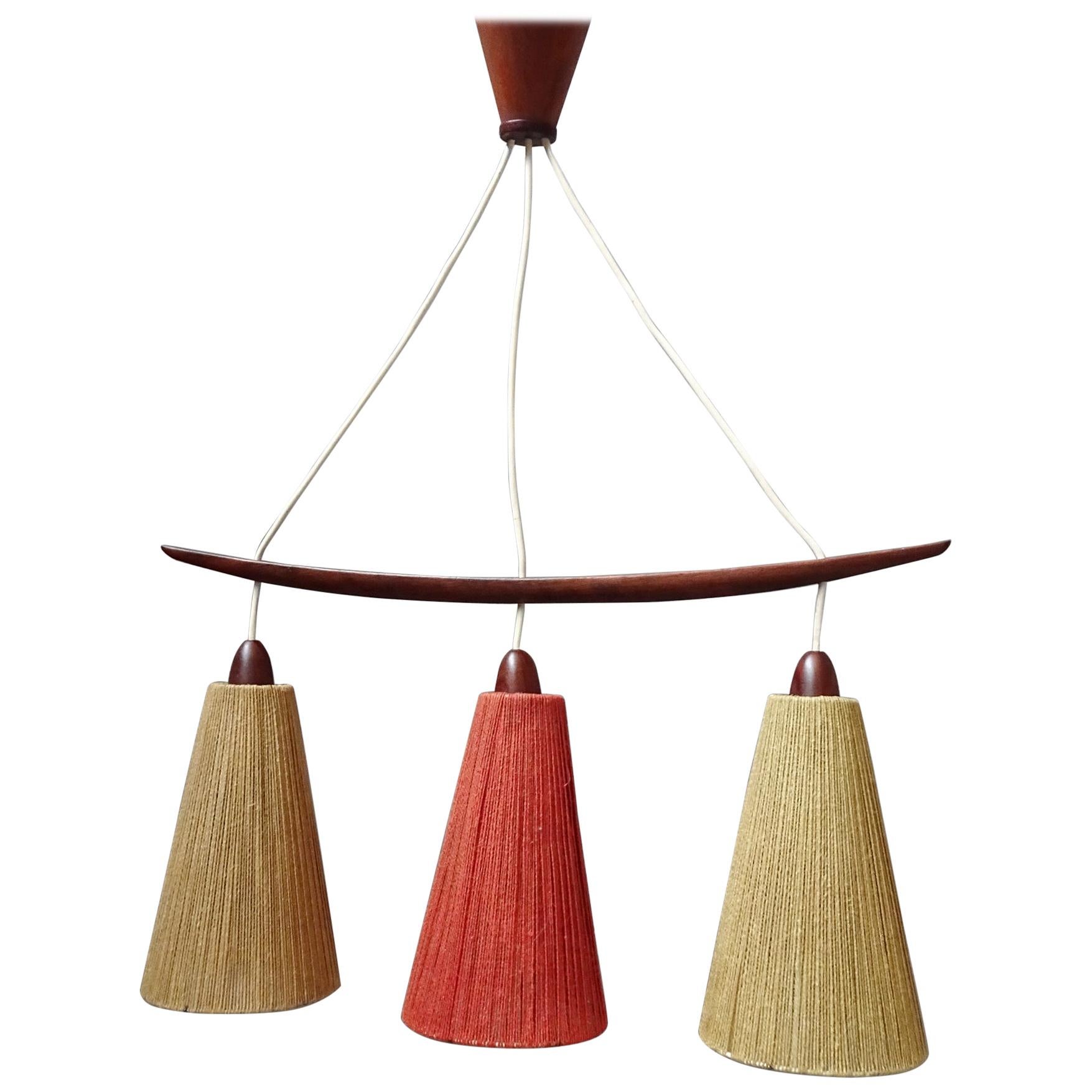 Midcentury Teak and Cord Shade Chandelier by Temde, Germany, 1960 For Sale