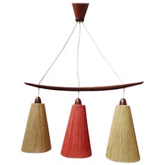 Vintage Midcentury Teak and Cord Shade Chandelier by Temde, Germany, 1960