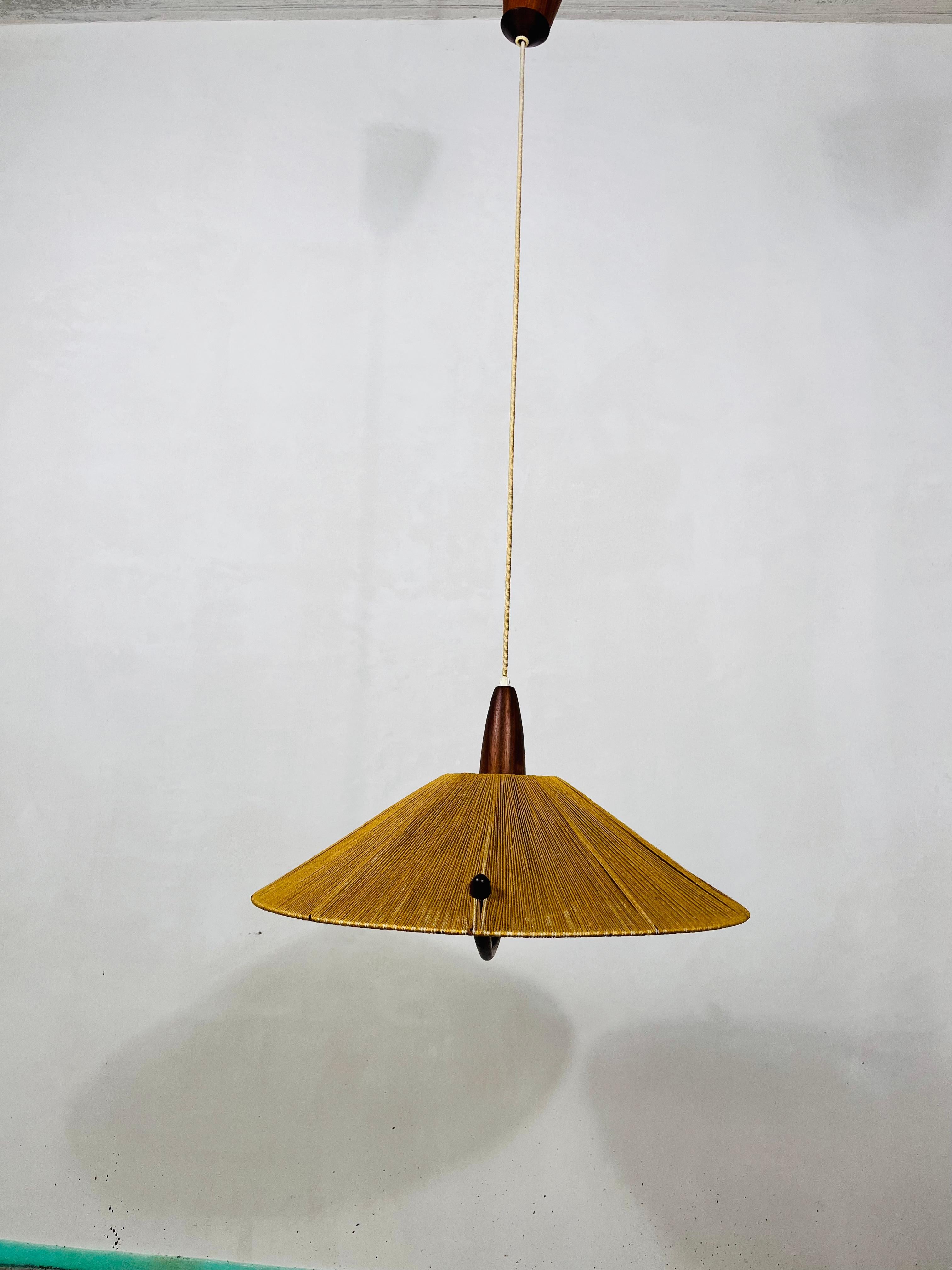 Midcentury Teak and Cord Shade Hanging Lamp by Temde, circa 1960 For Sale 3