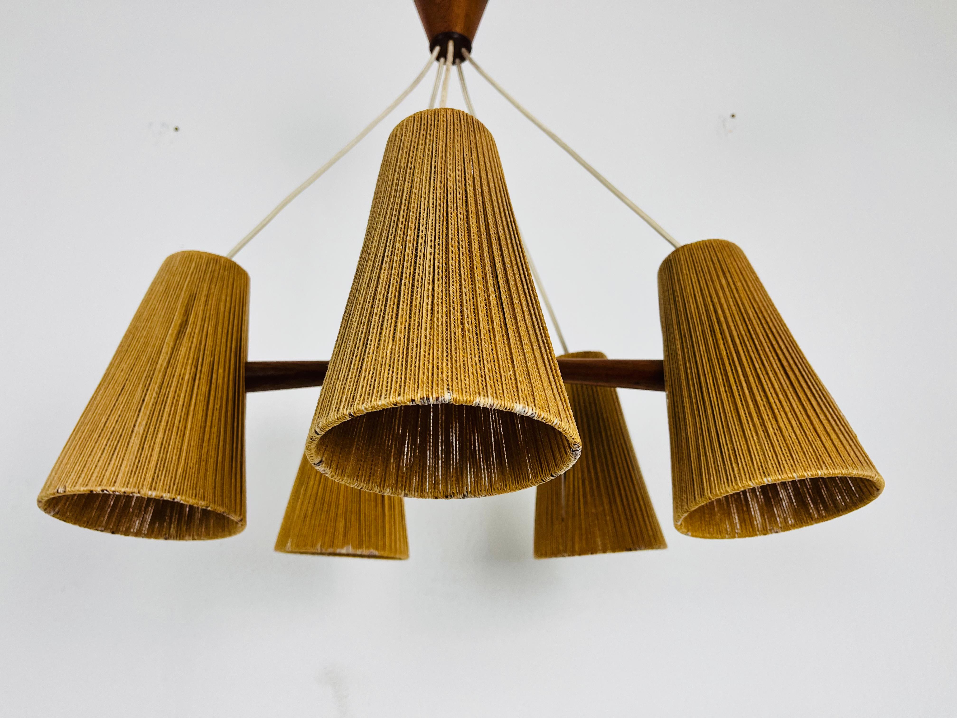 Midcentury Teak and Cord Shade Hanging Lamp by Temde, circa 1960 5