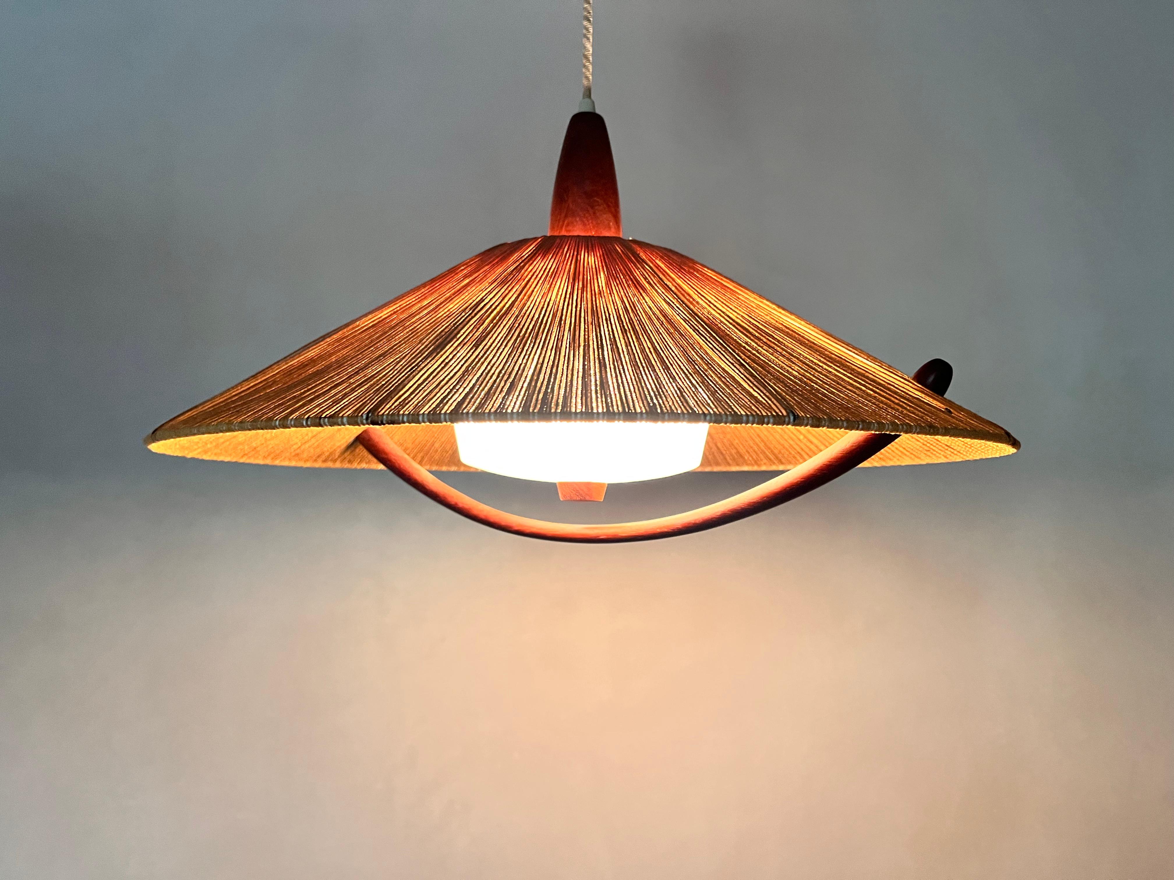 Midcentury Teak and Cord Shade Hanging Lamp by Temde, circa 1960 For Sale 4