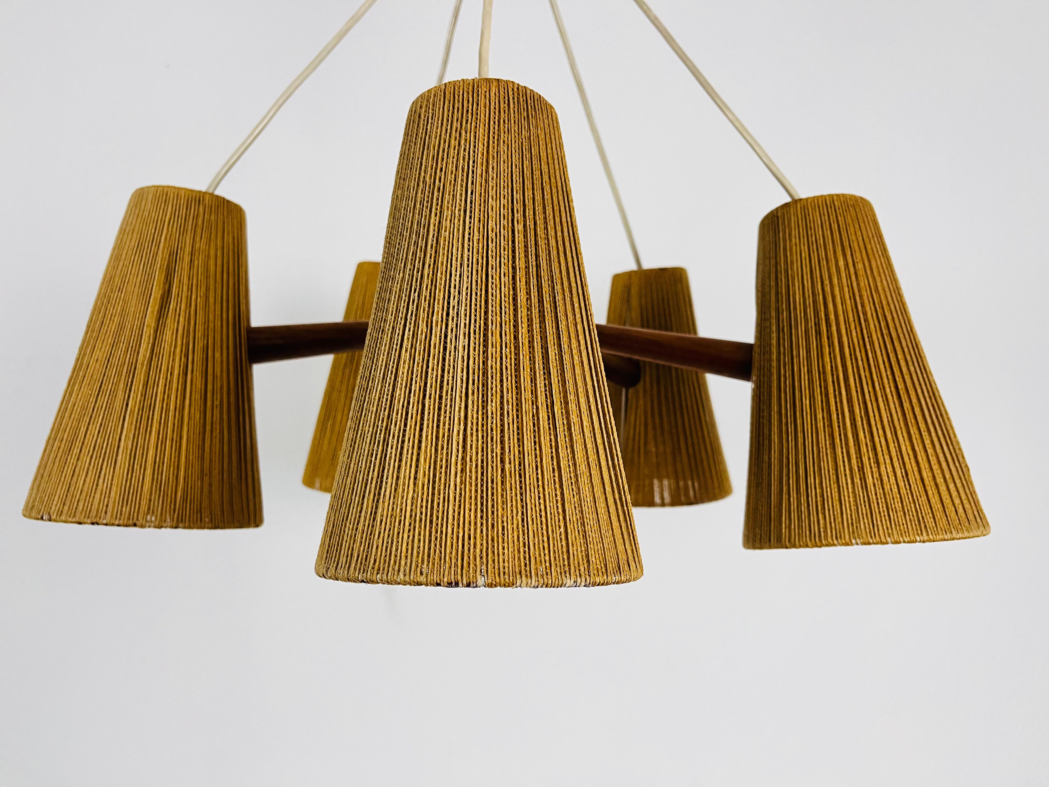 Midcentury Teak and Cord Shade Hanging Lamp by Temde, circa 1960 6