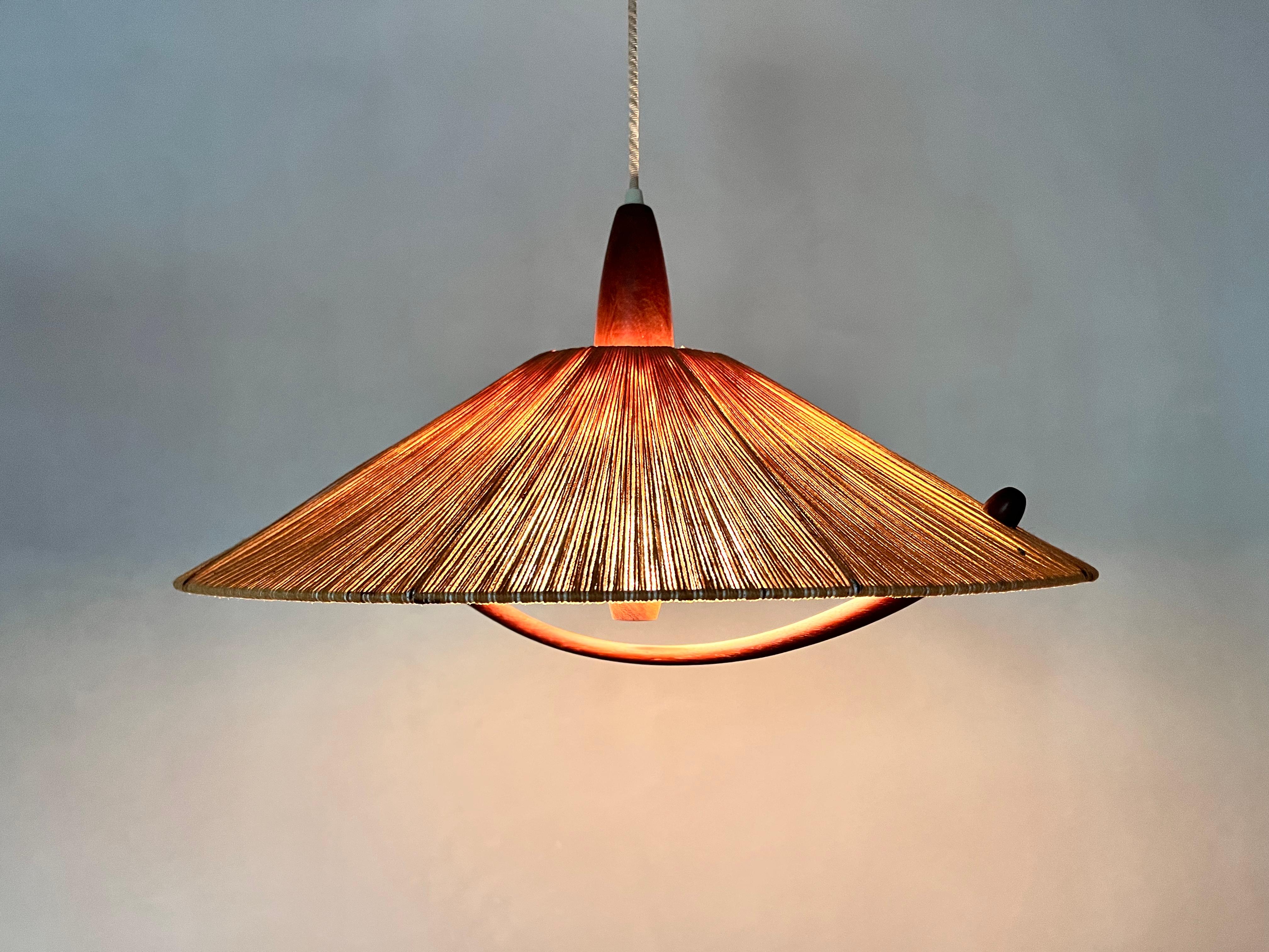 Midcentury Teak and Cord Shade Hanging Lamp by Temde, circa 1960 For Sale 5