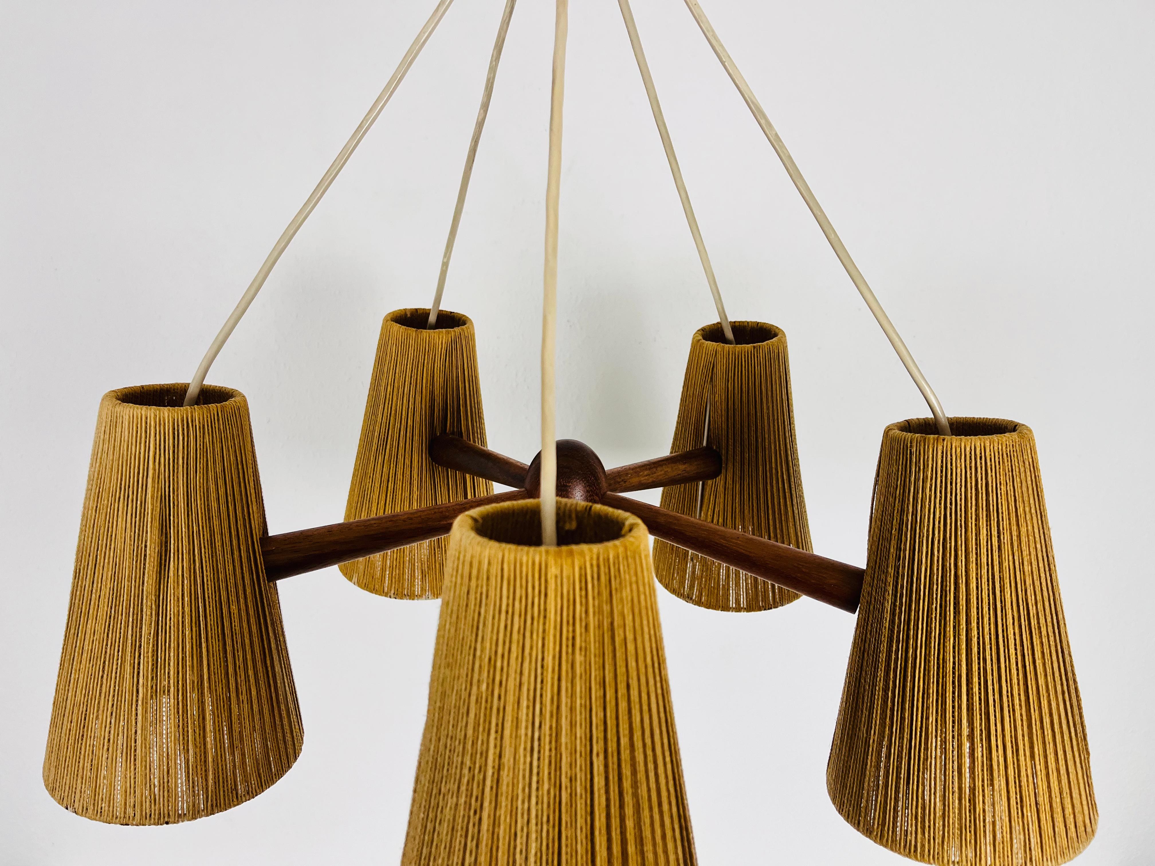 Midcentury Teak and Cord Shade Hanging Lamp by Temde, circa 1960 8