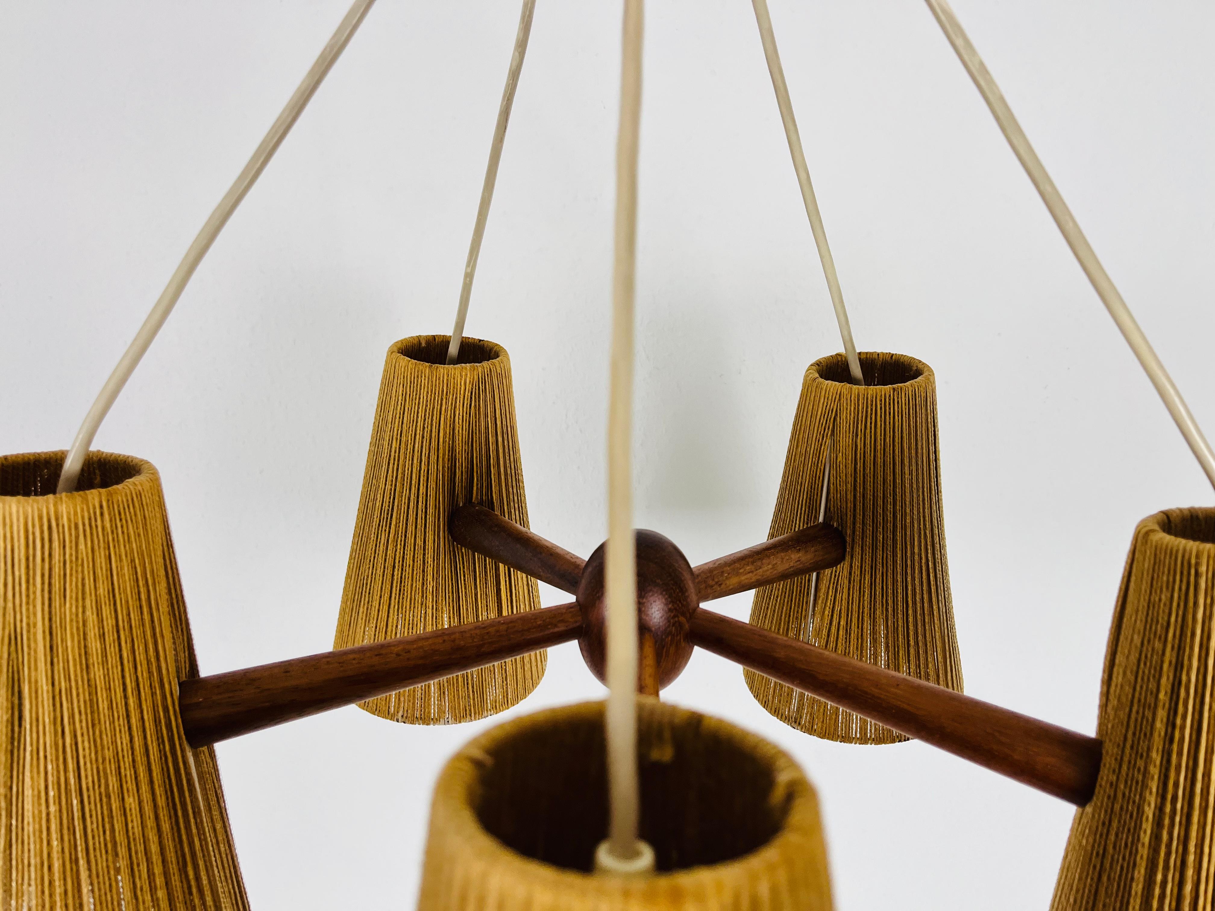 Midcentury Teak and Cord Shade Hanging Lamp by Temde, circa 1960 10