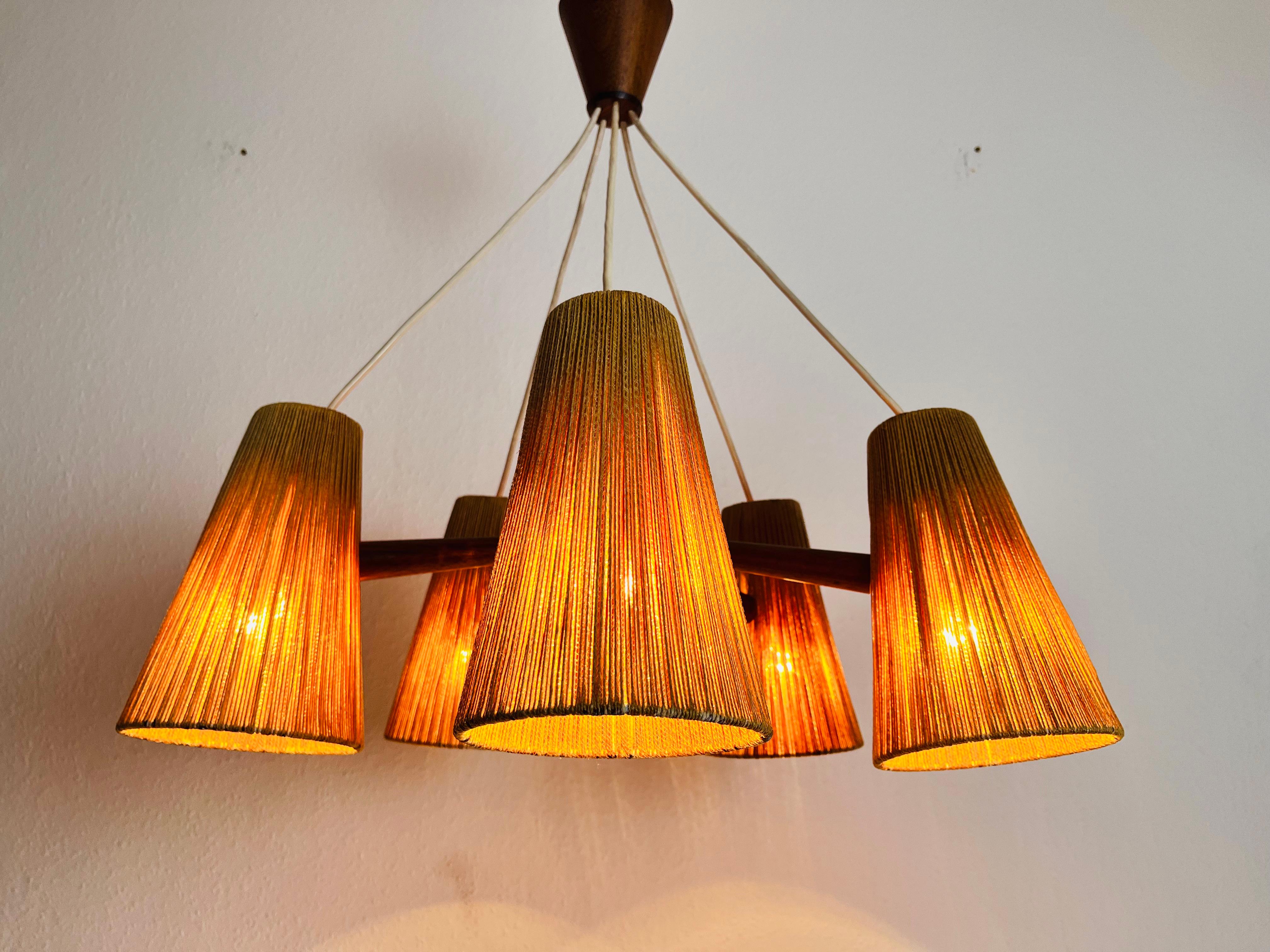 Midcentury Teak and Cord Shade Hanging Lamp by Temde, circa 1960 11