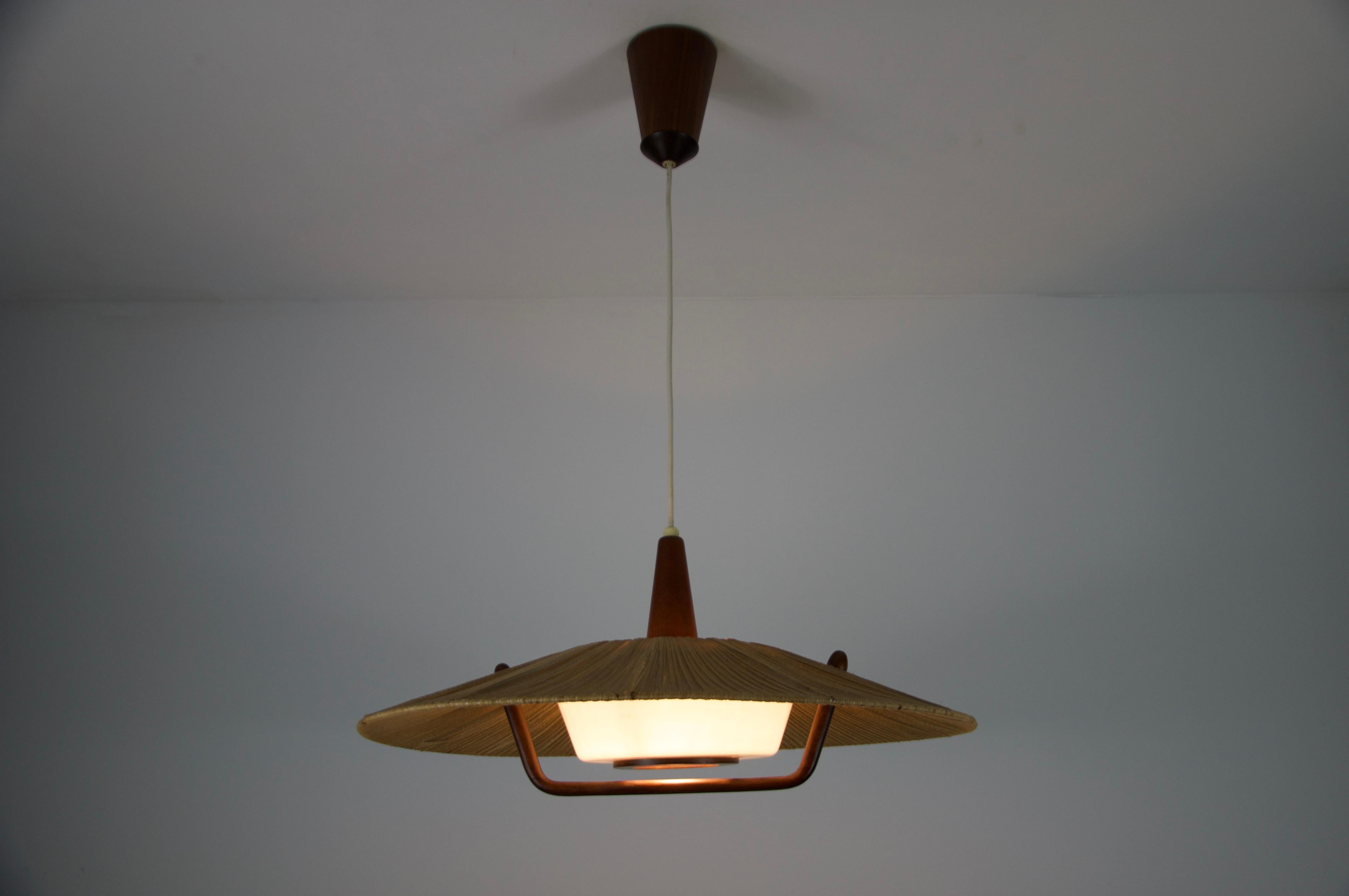 Lampada a sospensione di Temde con paralume in teak e corda, circa 1960 in vendita 10