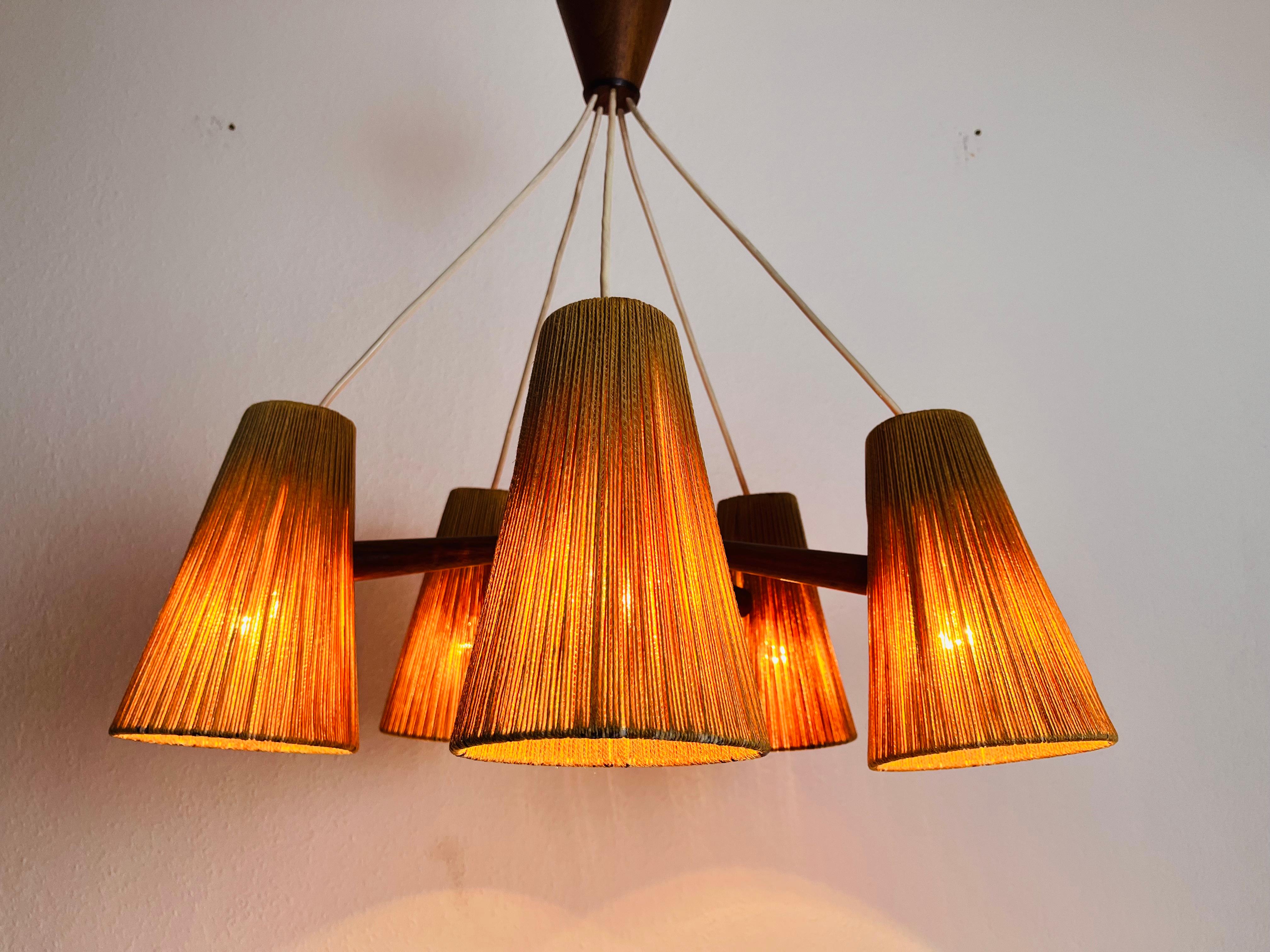 Midcentury Teak and Cord Shade Hanging Lamp by Temde, circa 1960 12