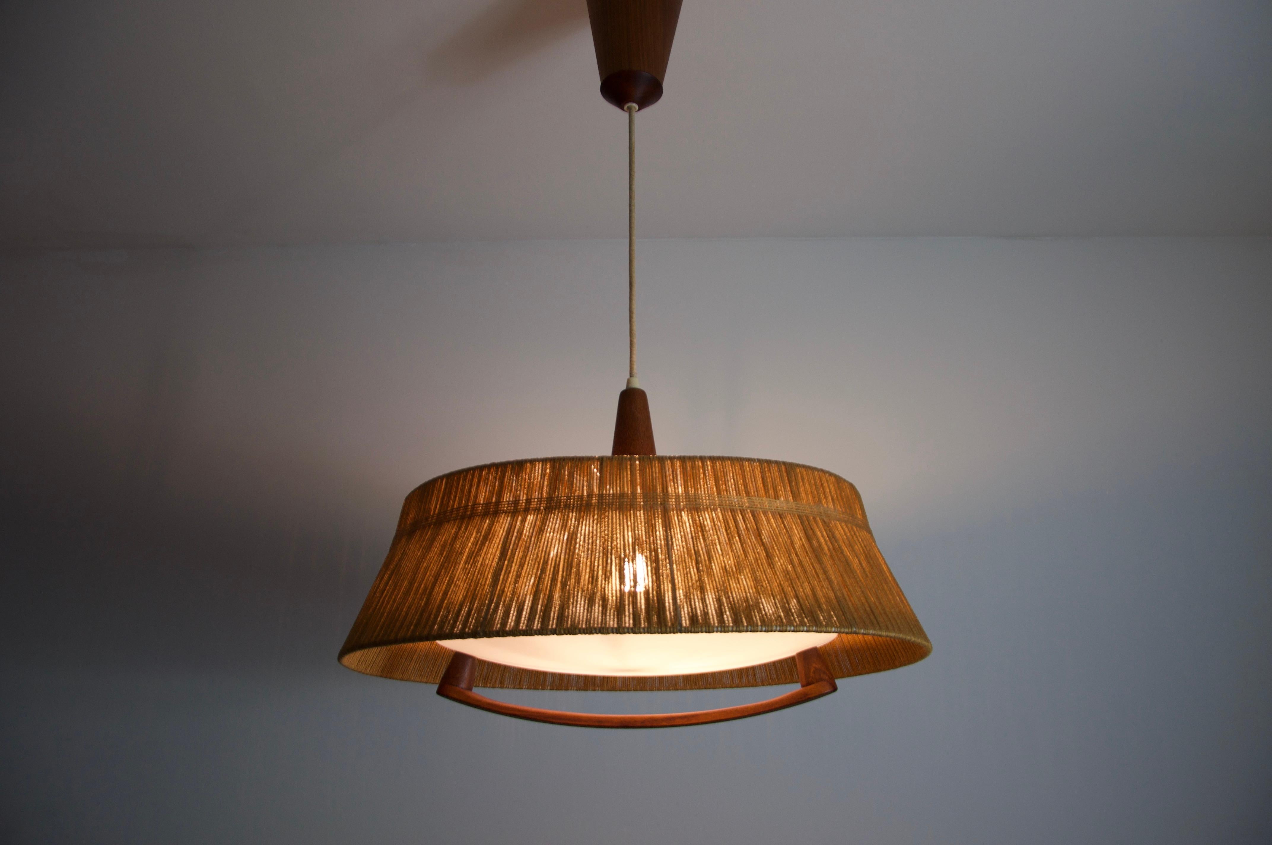 Midcentury Teak and Cord Shade Hanging Lamp by Temde, circa 1960 For Sale 11