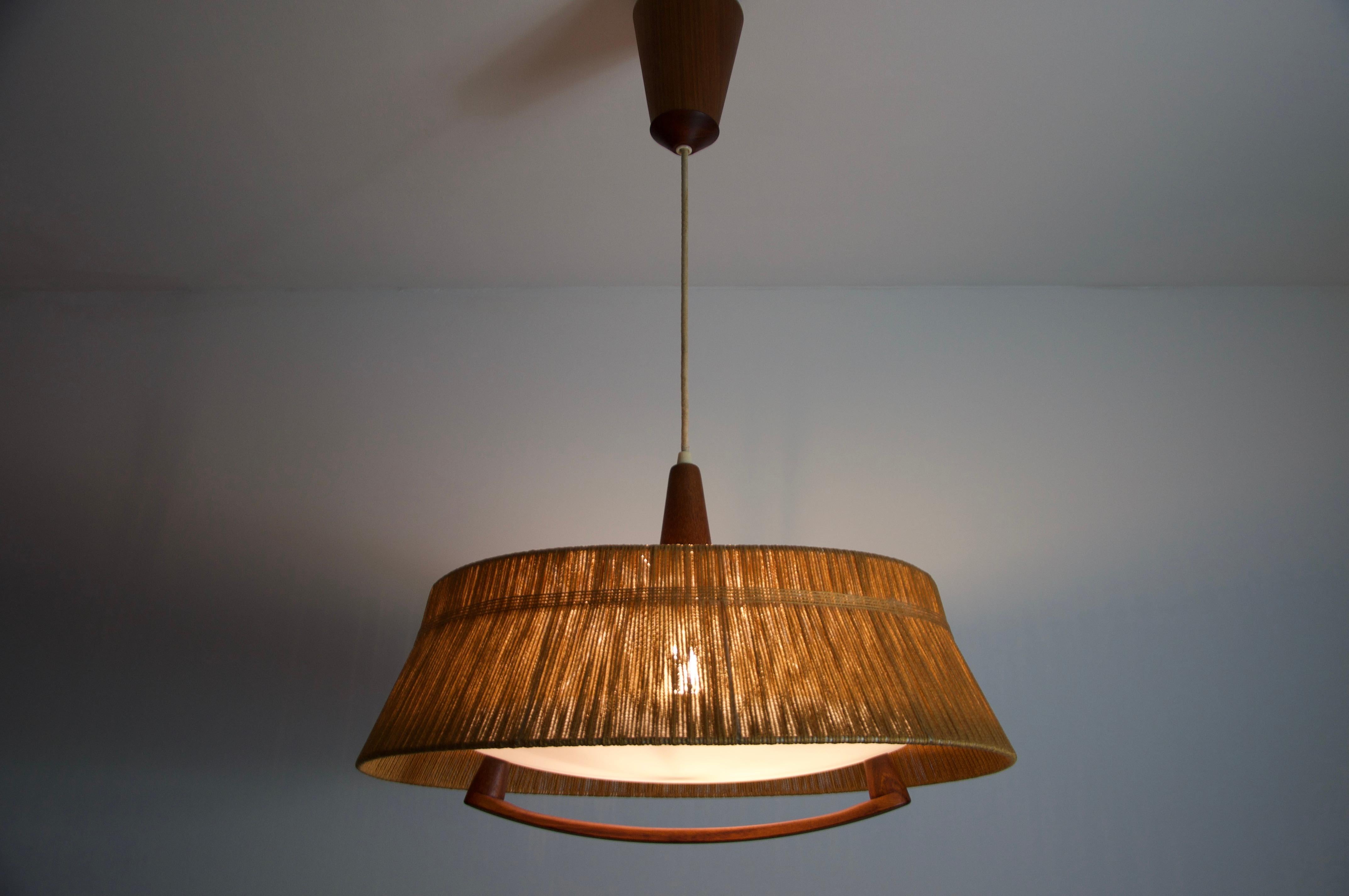 Midcentury Teak and Cord Shade Hanging Lamp by Temde, circa 1960 For Sale 12