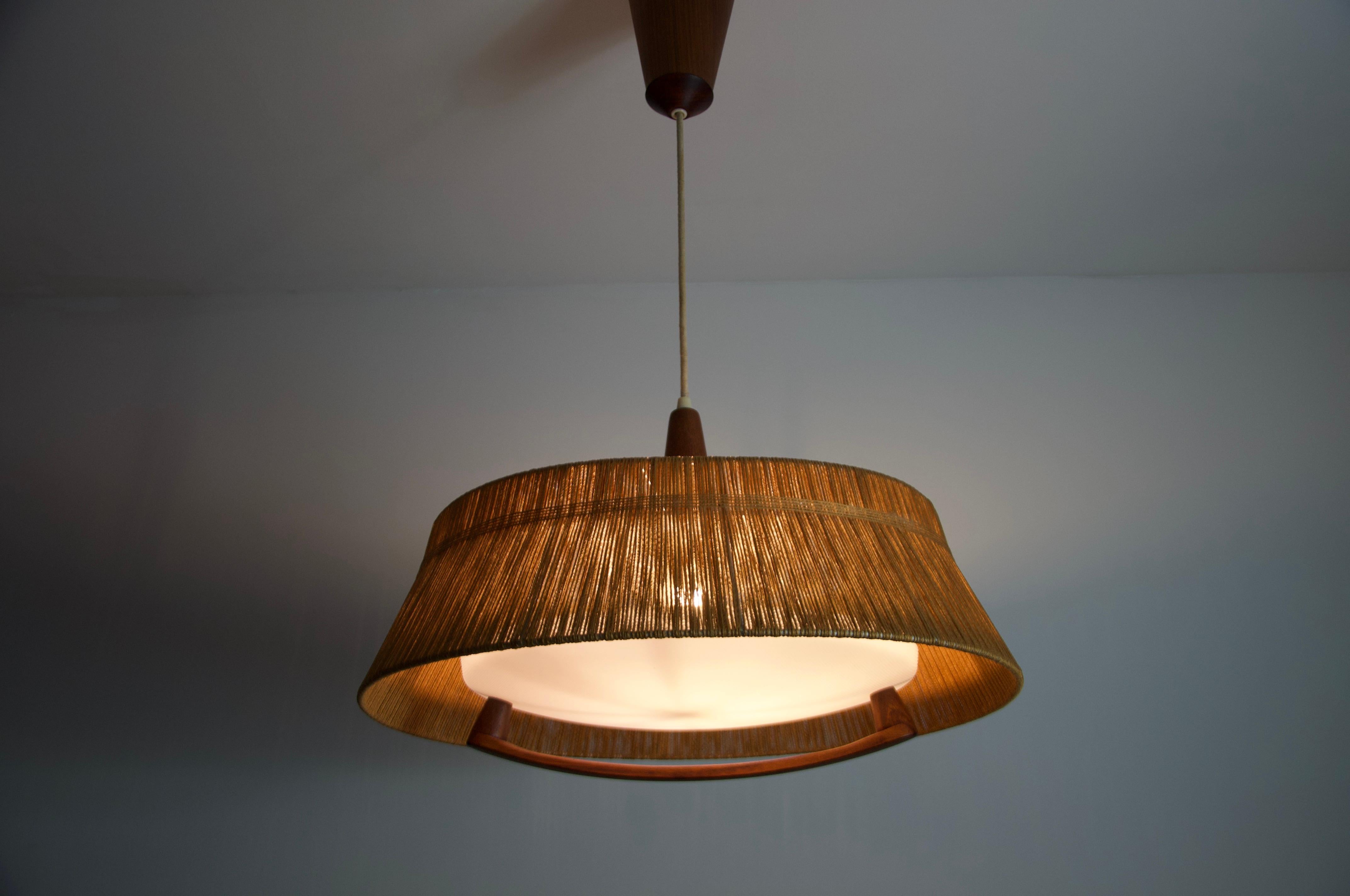 Midcentury Teak and Cord Shade Hanging Lamp by Temde, circa 1960 For Sale 13