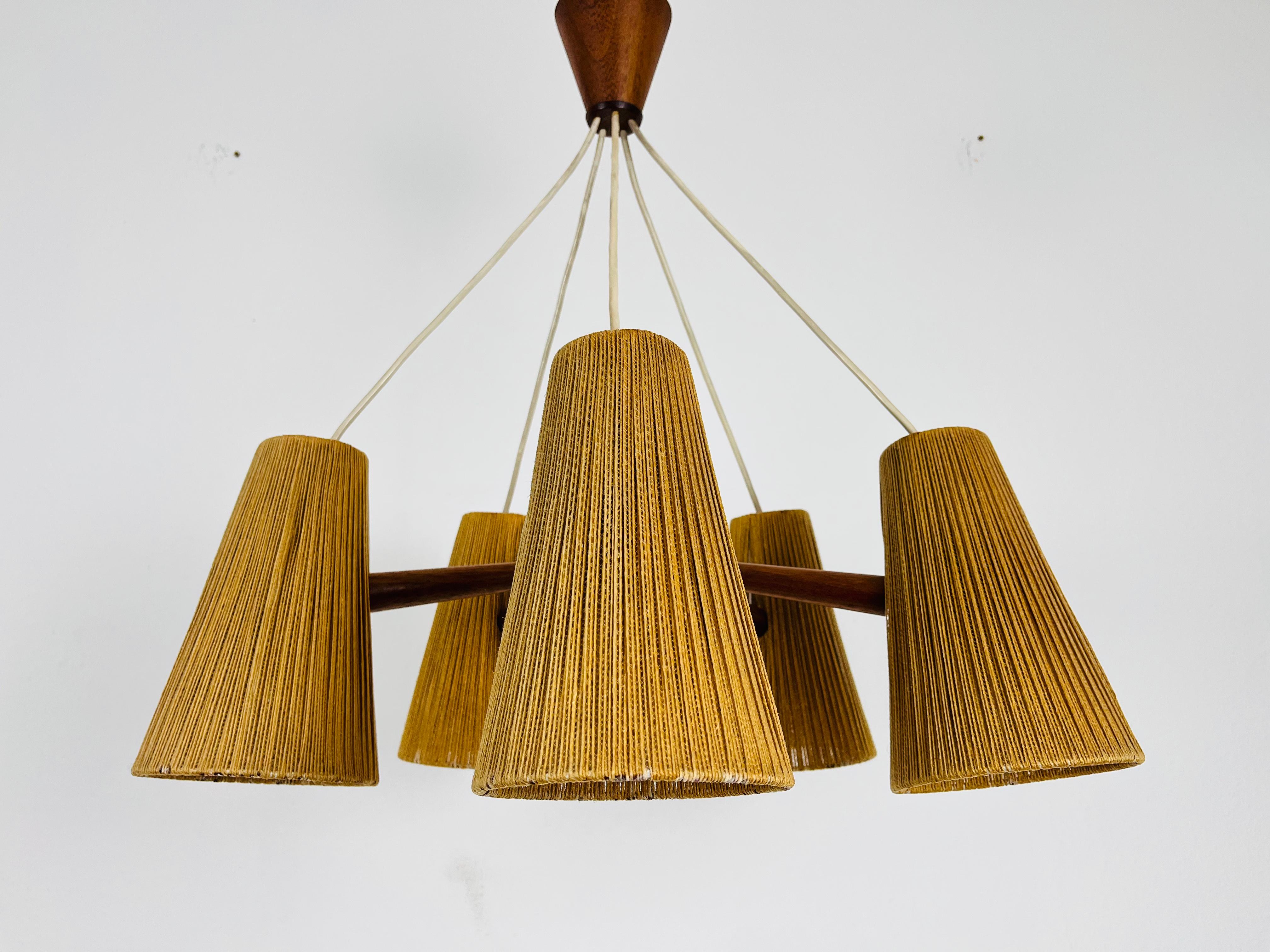 Mid-Century Modern Midcentury Teak and Cord Shade Hanging Lamp by Temde, circa 1960
