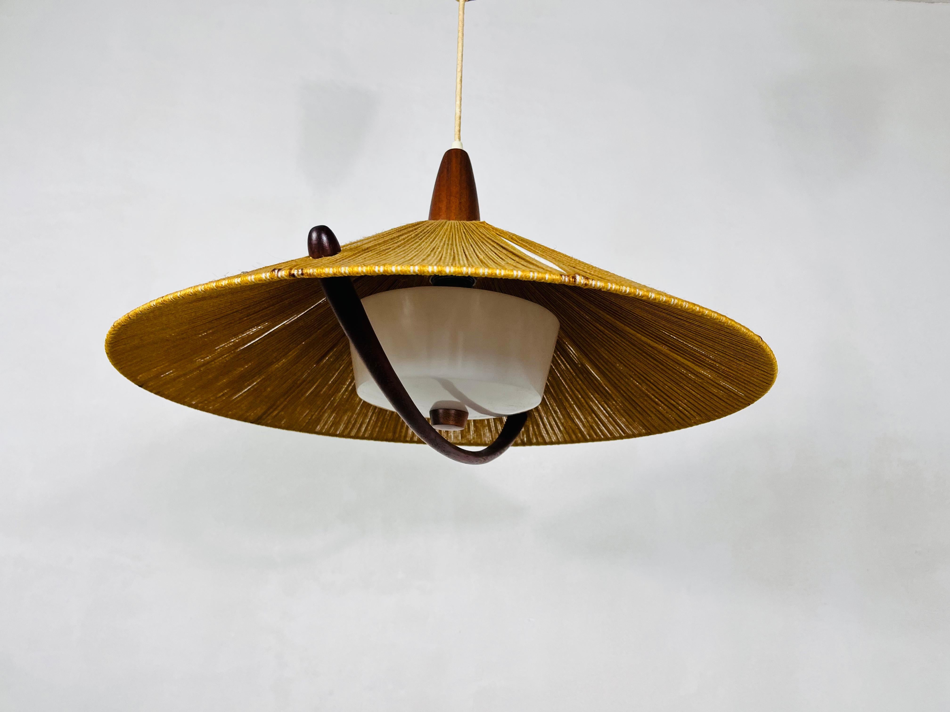 Mid-Century Modern Midcentury Teak and Cord Shade Hanging Lamp by Temde, circa 1960 For Sale