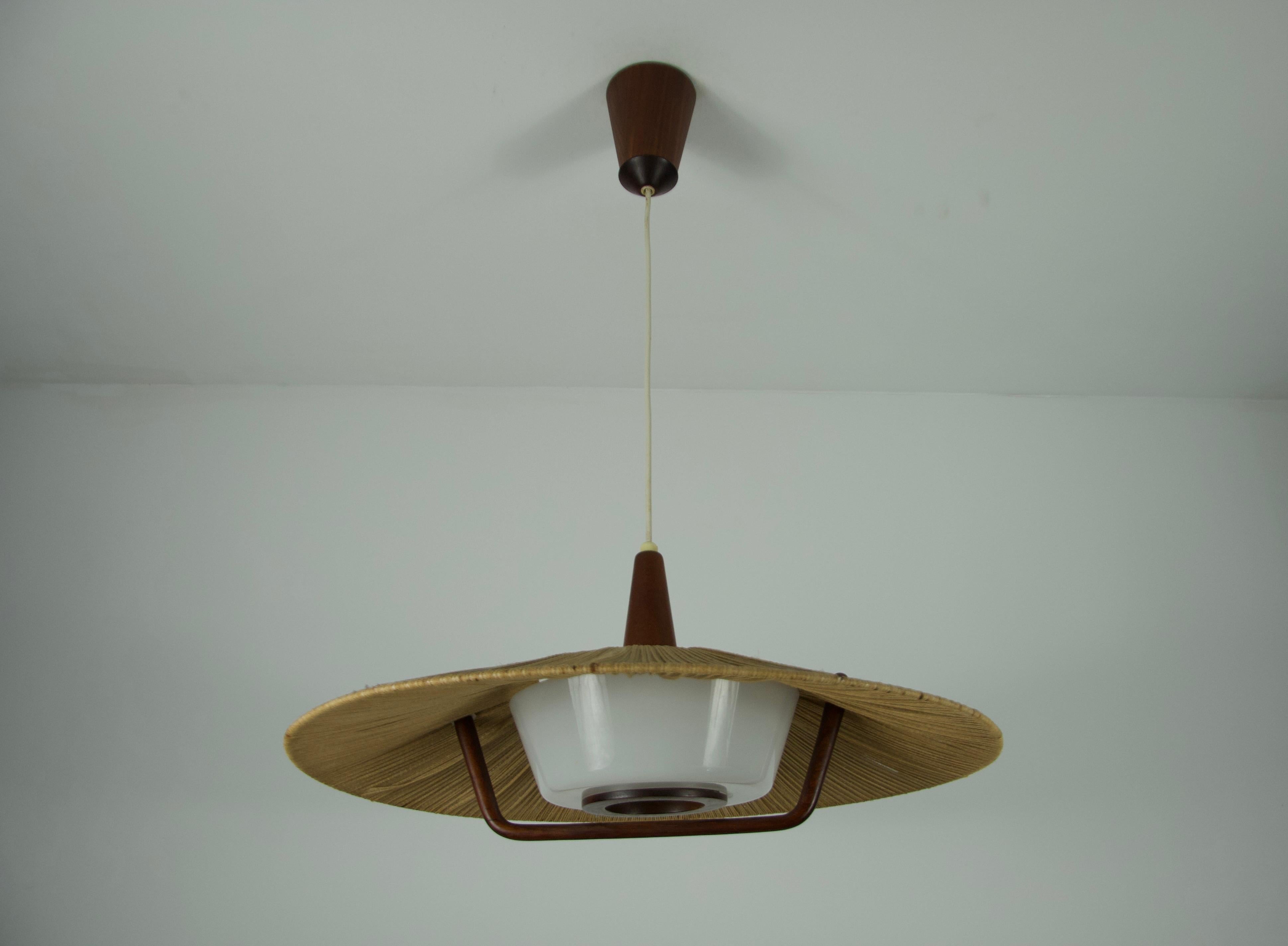 Mid-Century moderno Lampada a sospensione di Temde con paralume in teak e corda, circa 1960 in vendita