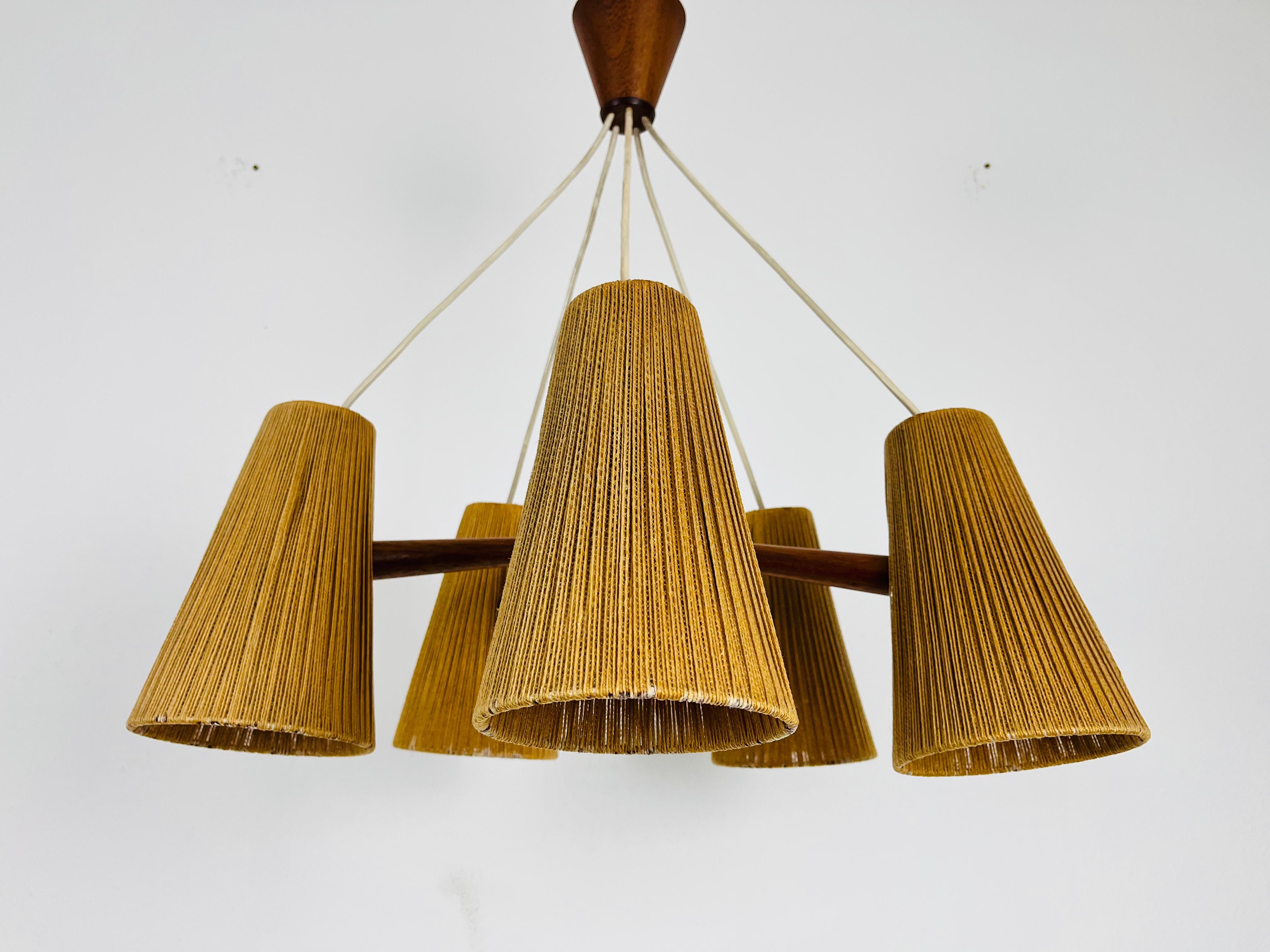 Midcentury Teak and Cord Shade Hanging Lamp by Temde, circa 1960 In Good Condition In Hagenbach, DE