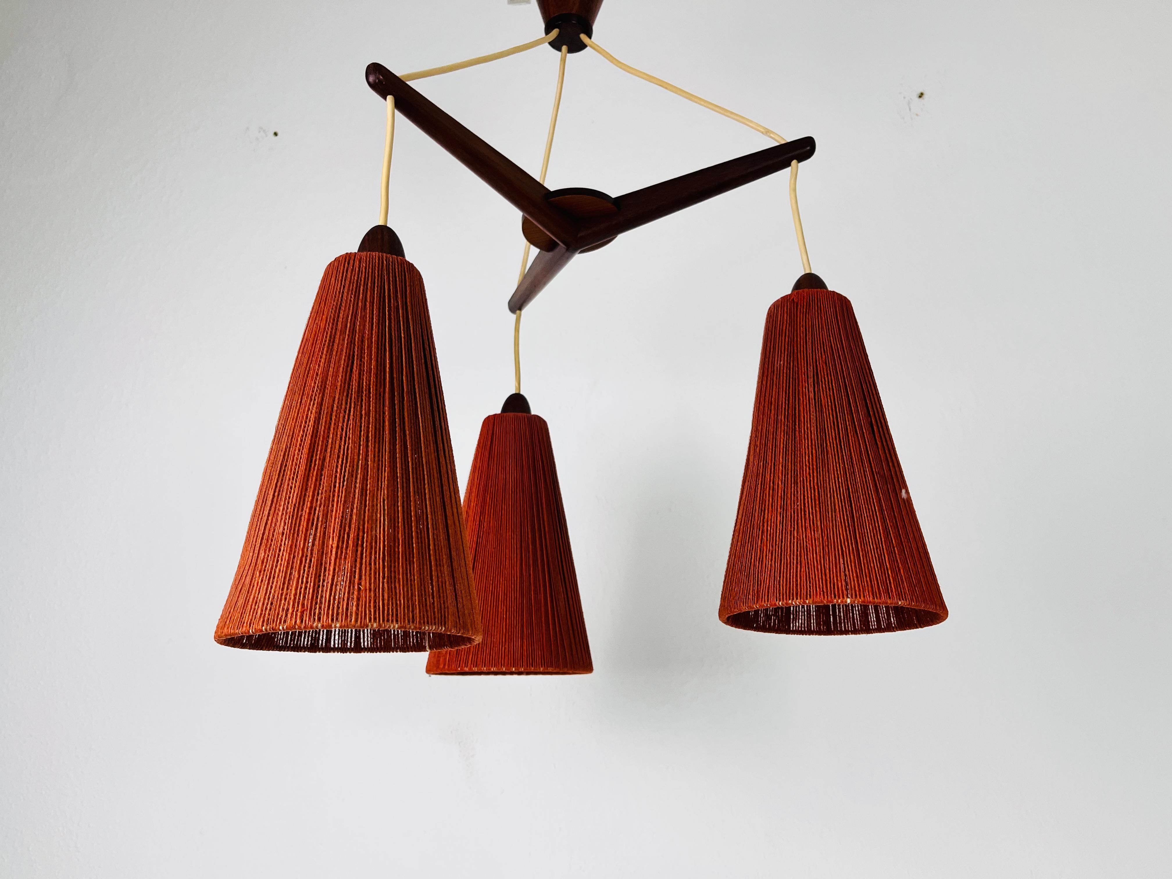Swiss Midcentury Teak and Cord Shade Hanging Lamp by Temde, circa 1960 For Sale
