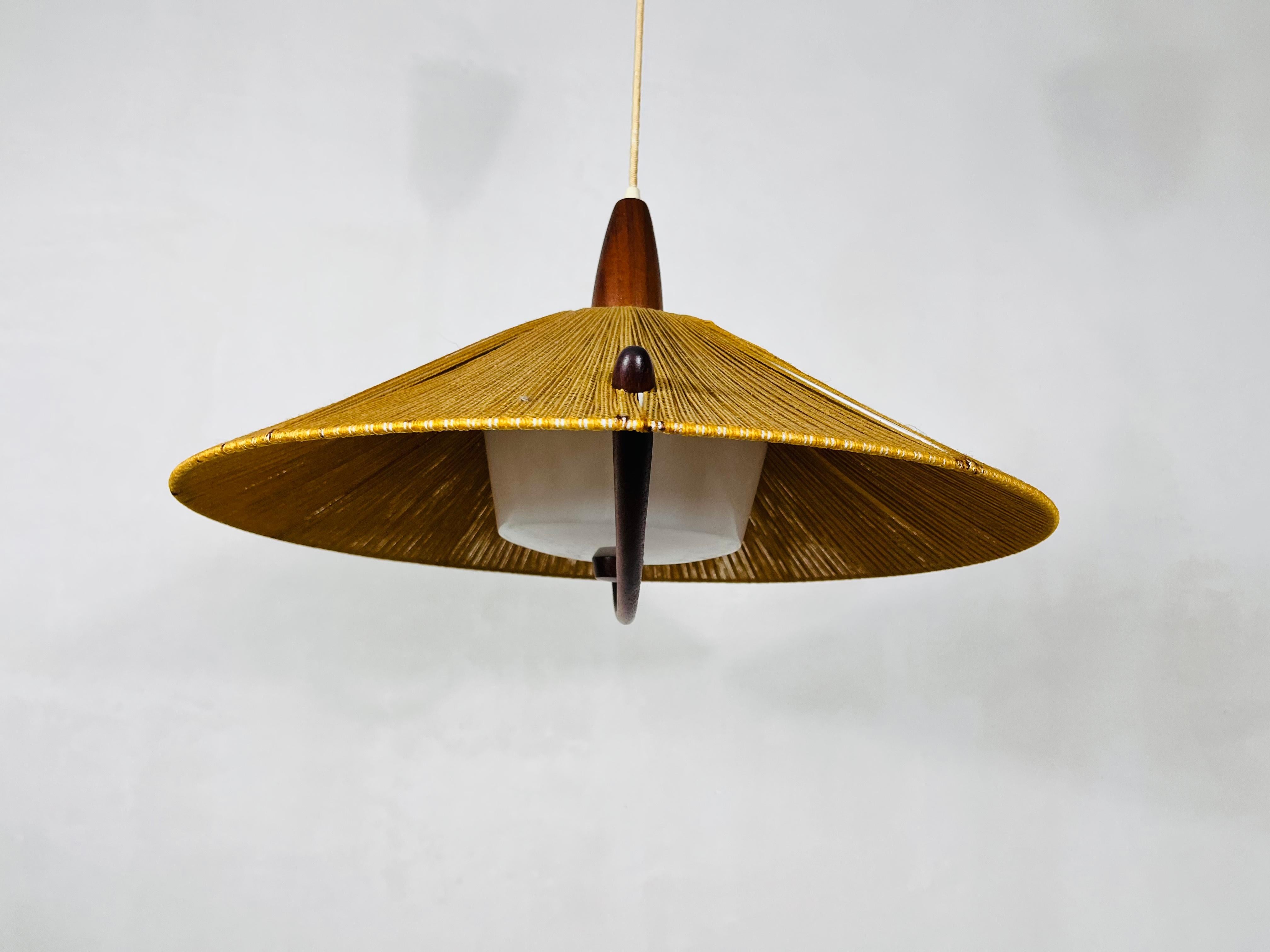 Swiss Midcentury Teak and Cord Shade Hanging Lamp by Temde, circa 1960 For Sale