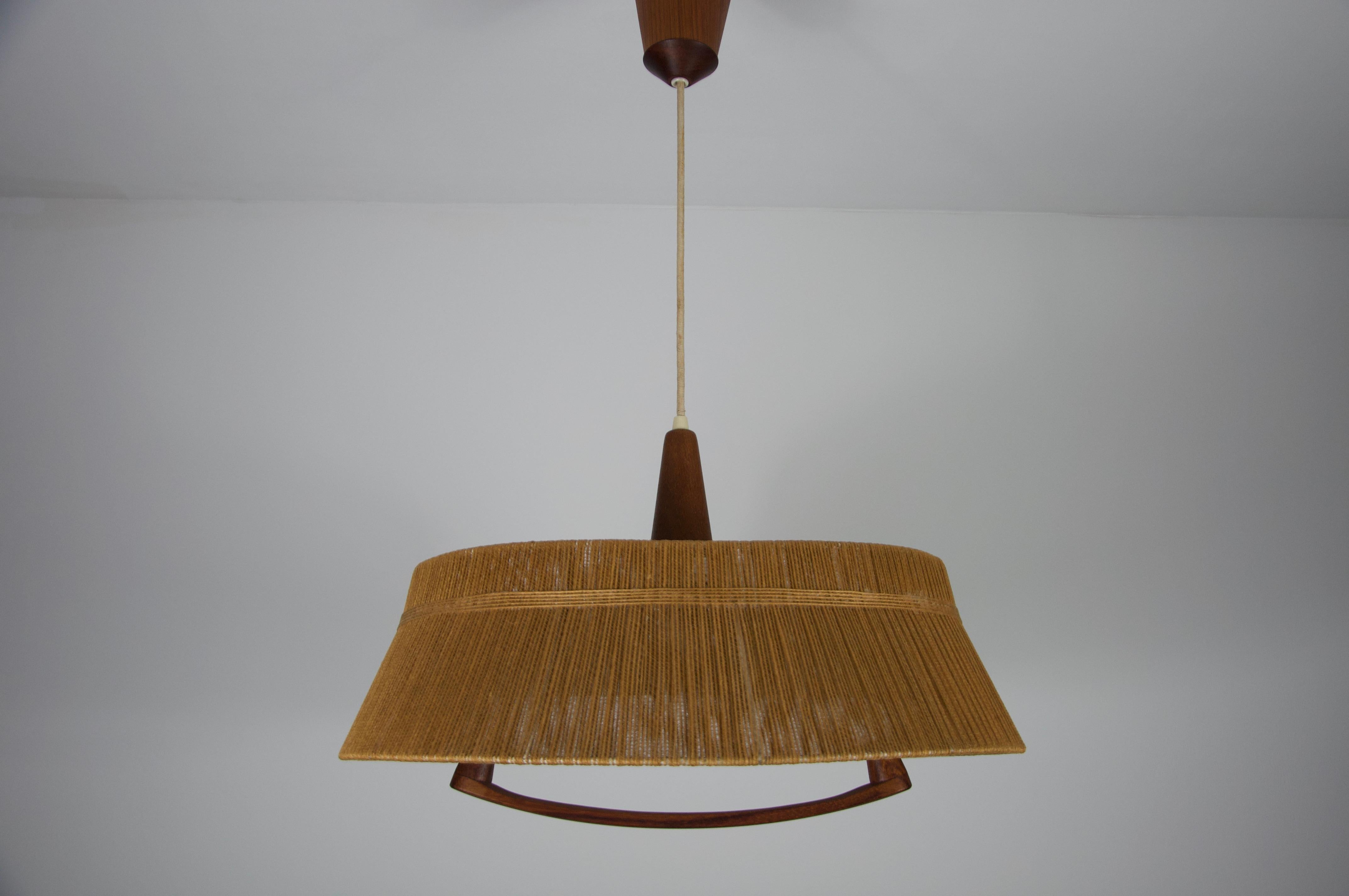 Swiss Midcentury Teak and Cord Shade Hanging Lamp by Temde, circa 1960 For Sale