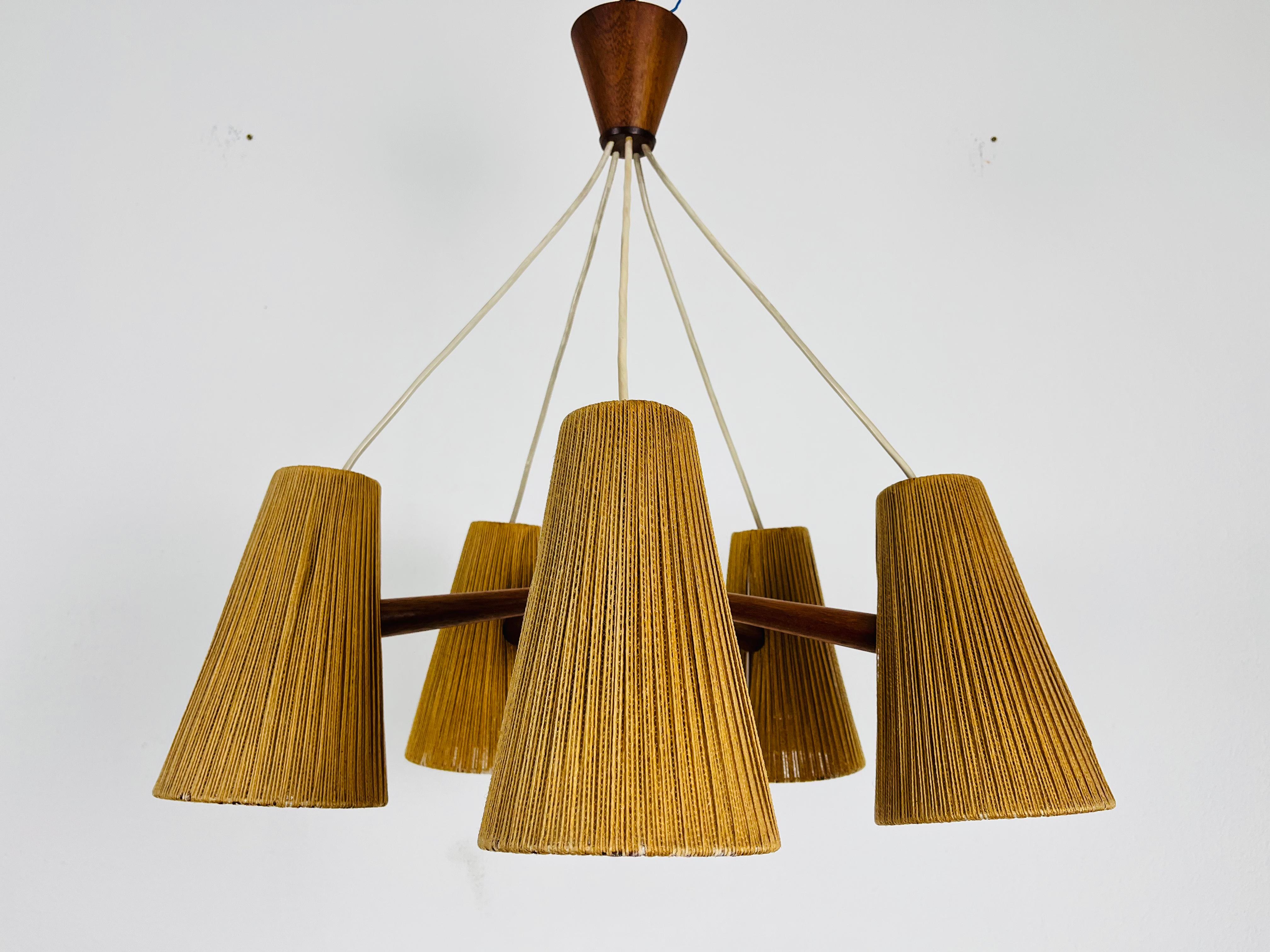 Mid-20th Century Midcentury Teak and Cord Shade Hanging Lamp by Temde, circa 1960