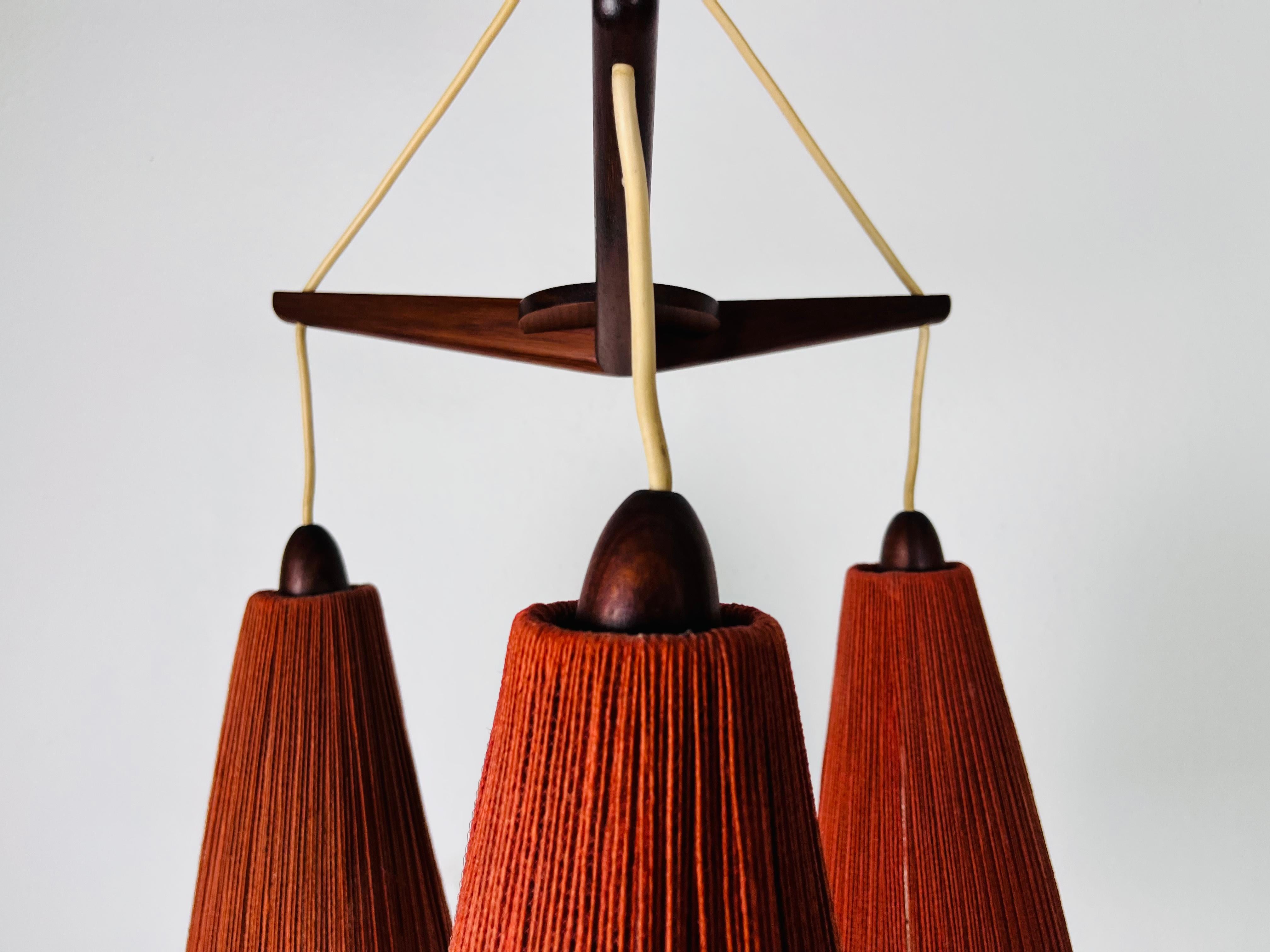 Midcentury Teak and Cord Shade Hanging Lamp by Temde, circa 1960 In Good Condition For Sale In Hagenbach, DE