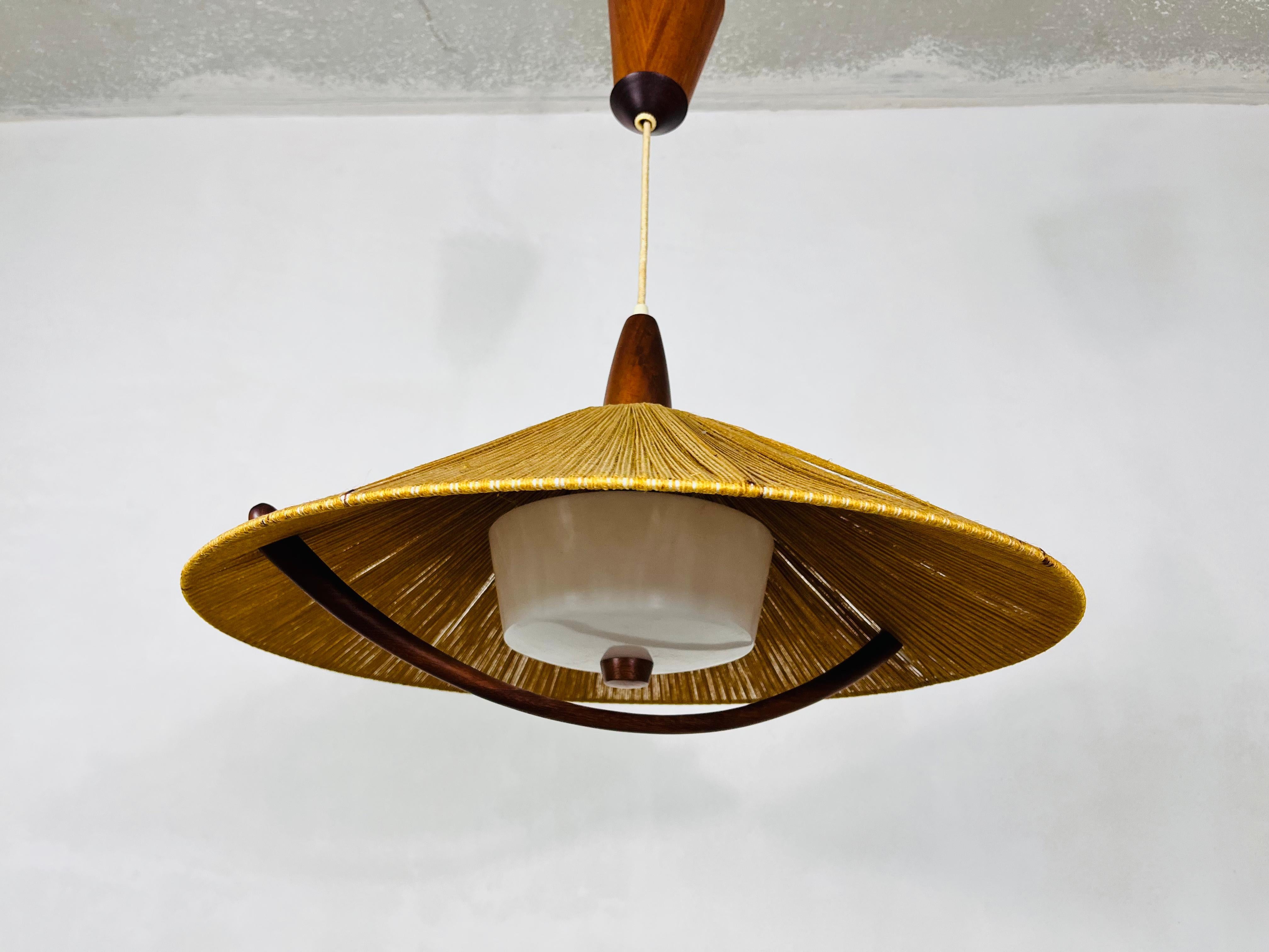 Midcentury Teak and Cord Shade Hanging Lamp by Temde, circa 1960 In Good Condition For Sale In Hagenbach, DE