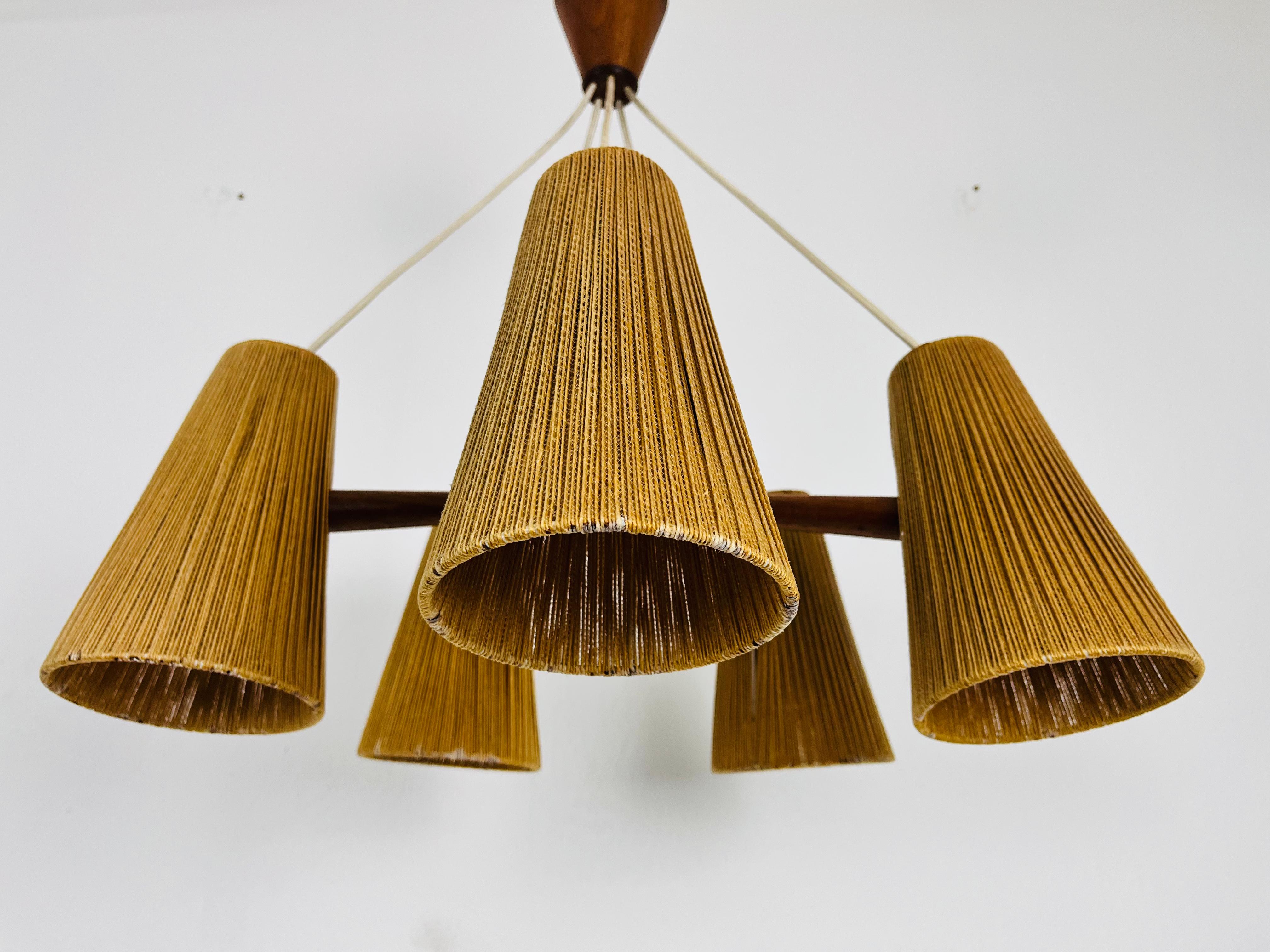 Rattan Midcentury Teak and Cord Shade Hanging Lamp by Temde, circa 1960