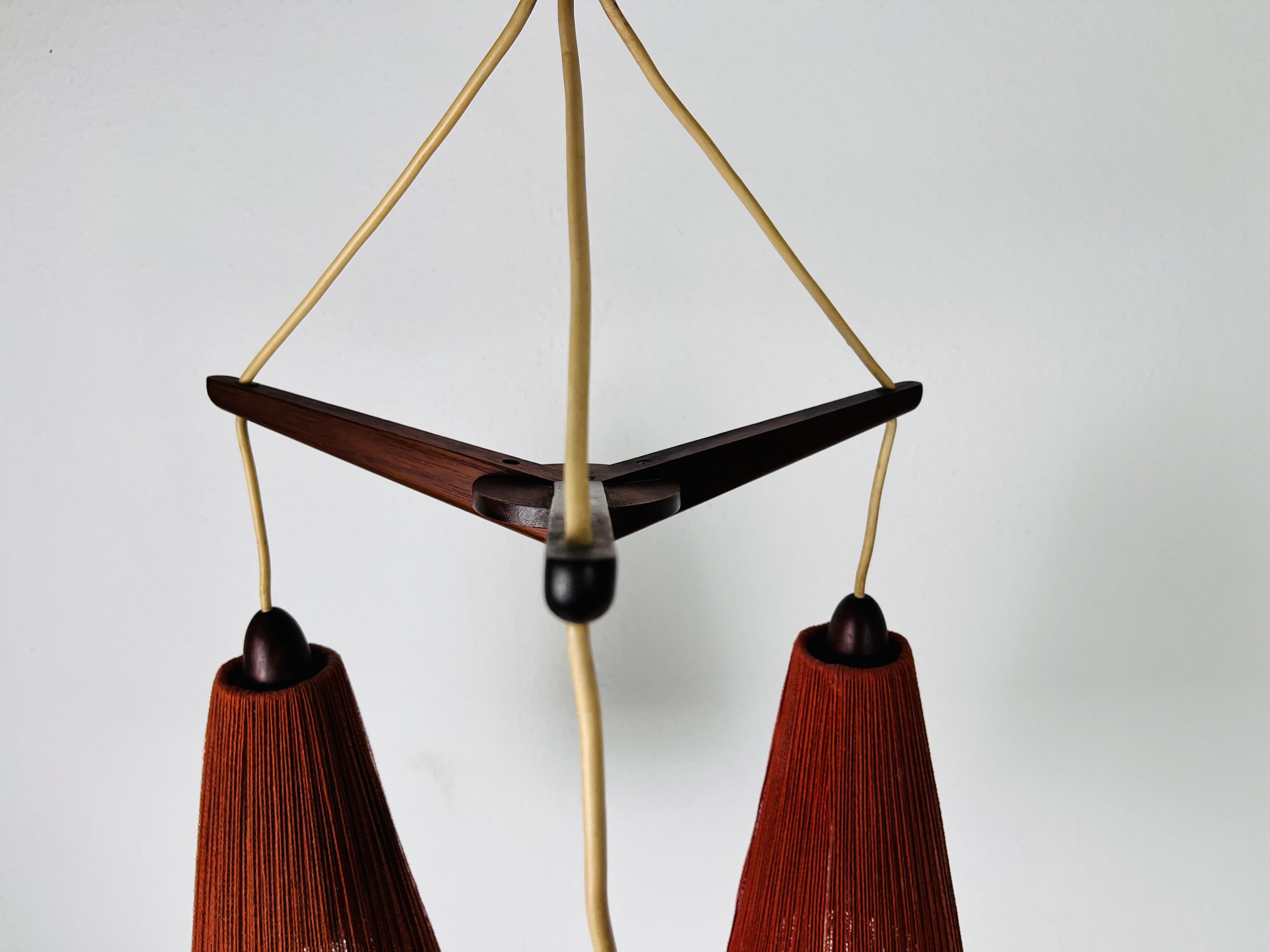 Mid-20th Century Midcentury Teak and Cord Shade Hanging Lamp by Temde, circa 1960 For Sale