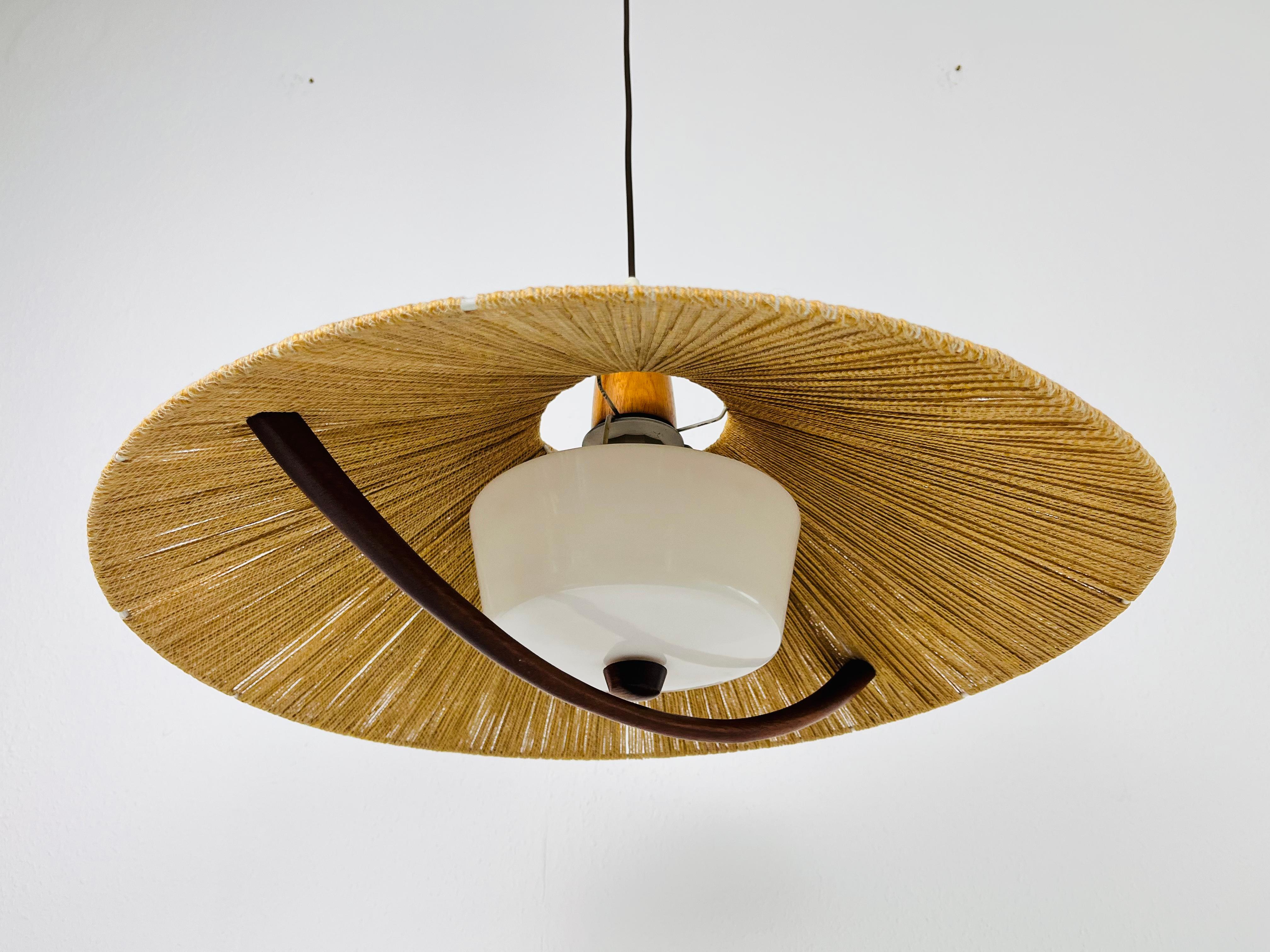 Midcentury Teak and Cord Shade Hanging Lamp by Temde, circa 1960 In Good Condition In Hagenbach, DE