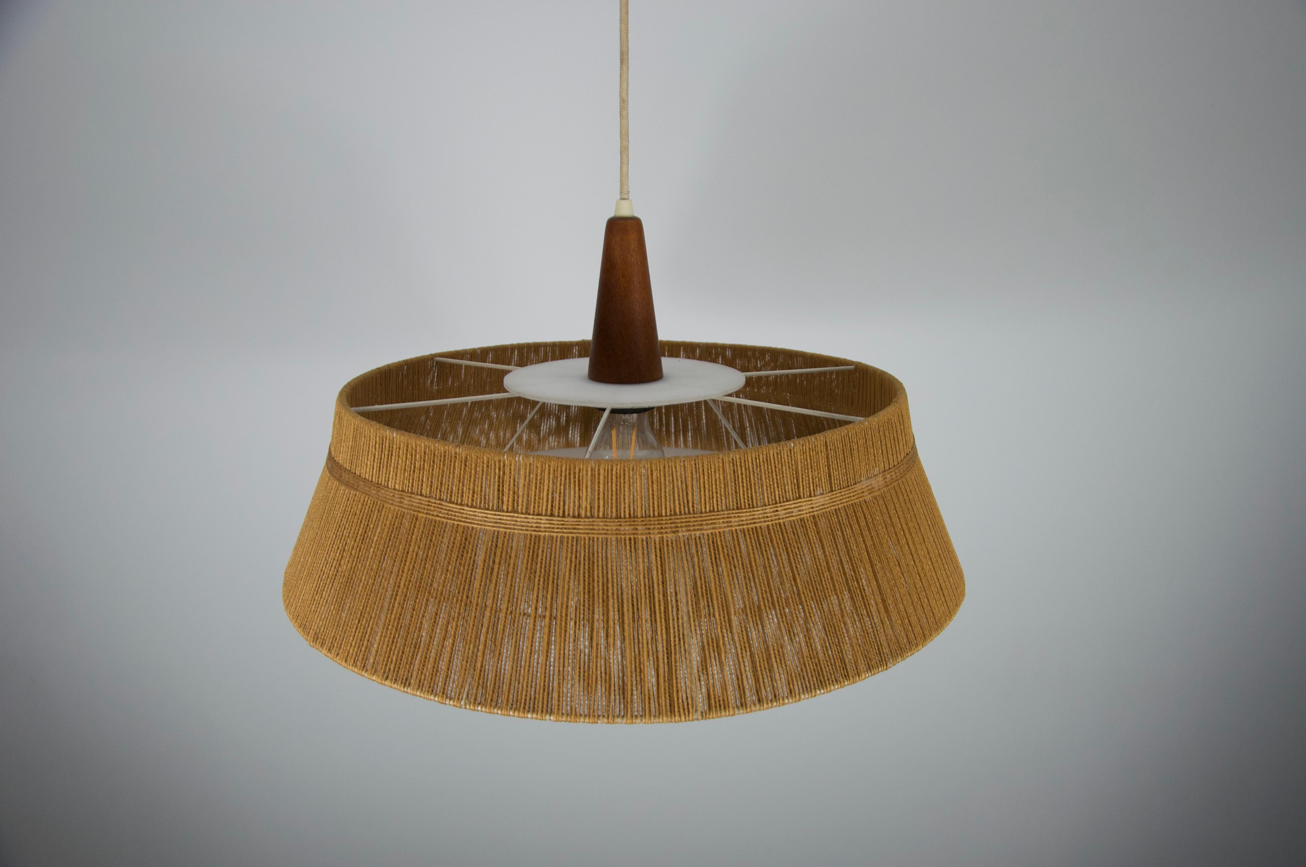 Mid-20th Century Midcentury Teak and Cord Shade Hanging Lamp by Temde, circa 1960 For Sale