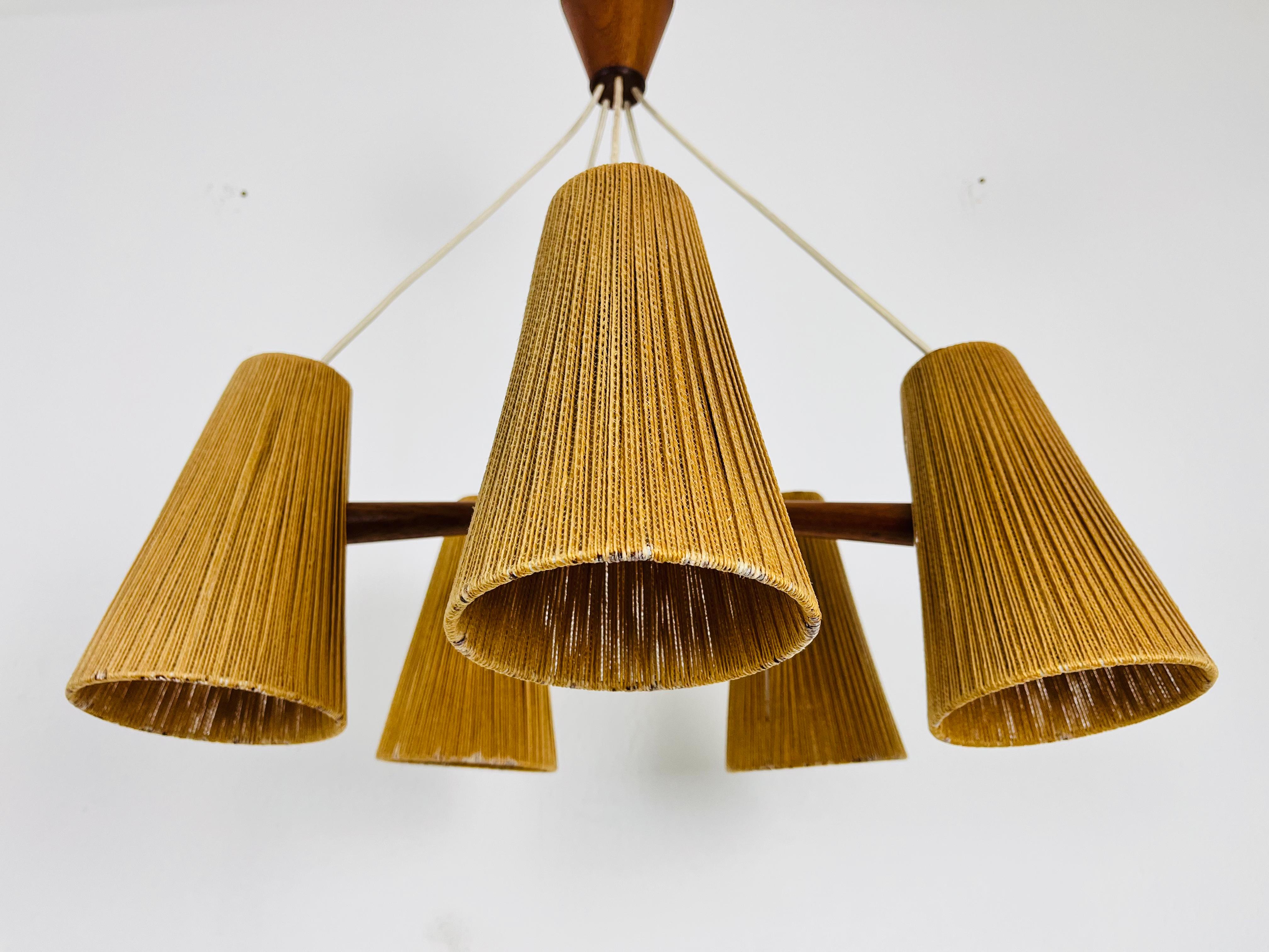 Midcentury Teak and Cord Shade Hanging Lamp by Temde, circa 1960 1