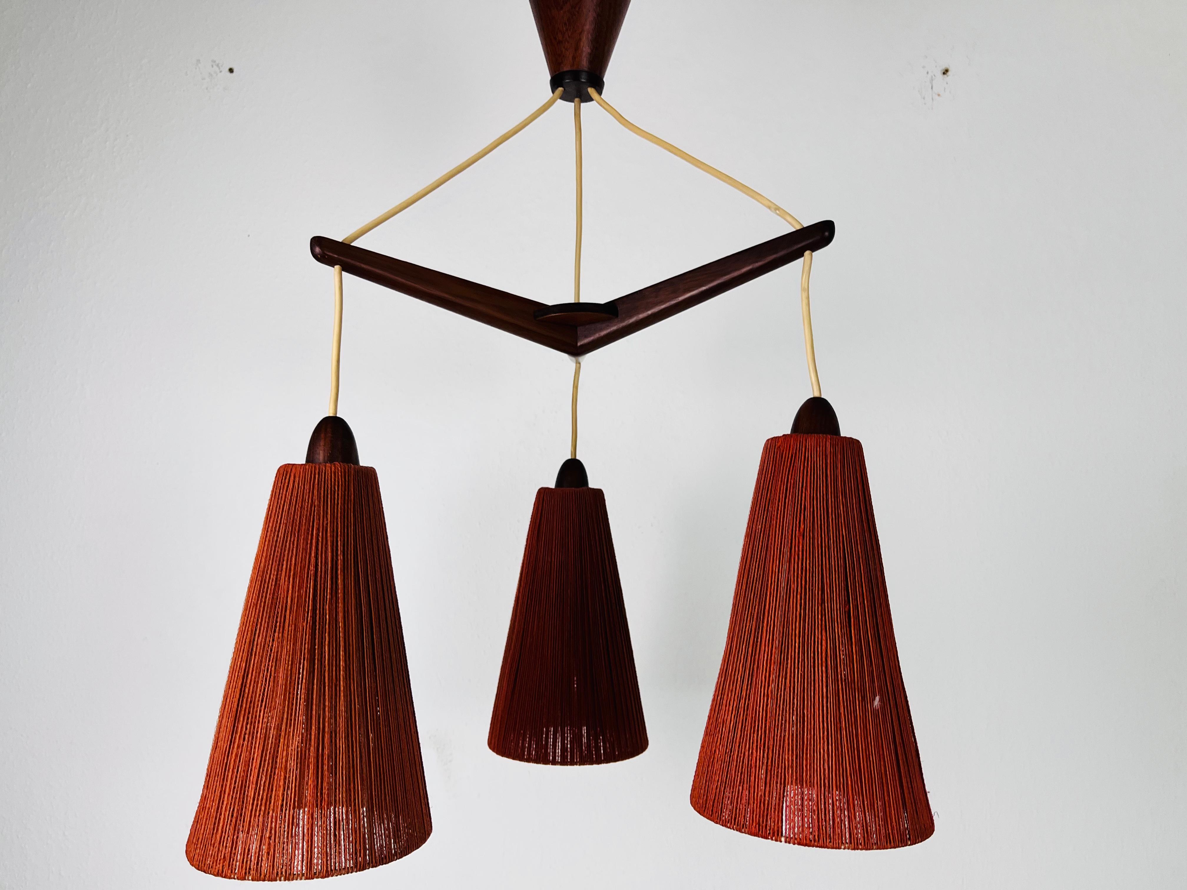Rattan Midcentury Teak and Cord Shade Hanging Lamp by Temde, circa 1960 For Sale