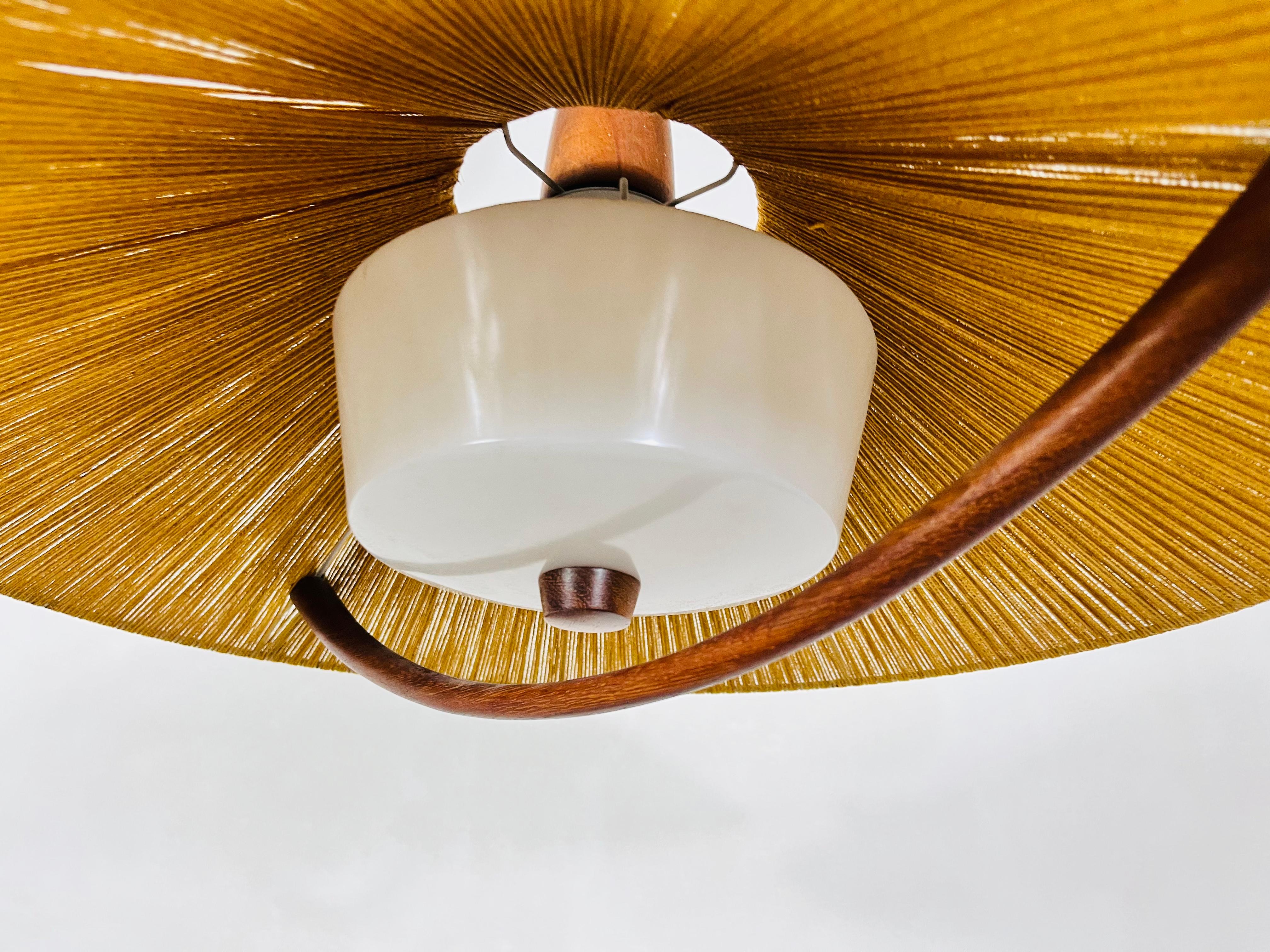 Rattan Midcentury Teak and Cord Shade Hanging Lamp by Temde, circa 1960 For Sale