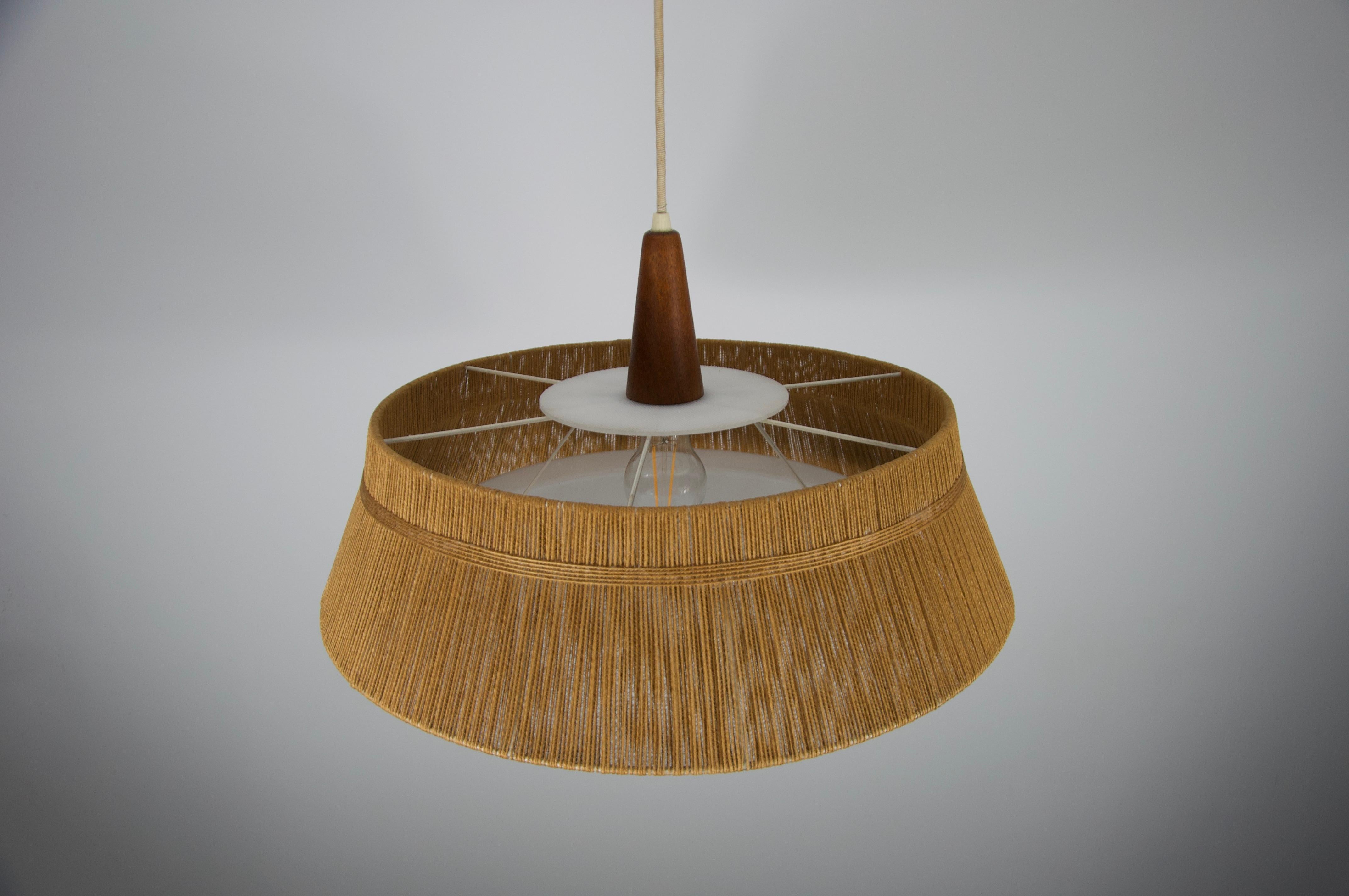 Rattan Midcentury Teak and Cord Shade Hanging Lamp by Temde, circa 1960 For Sale
