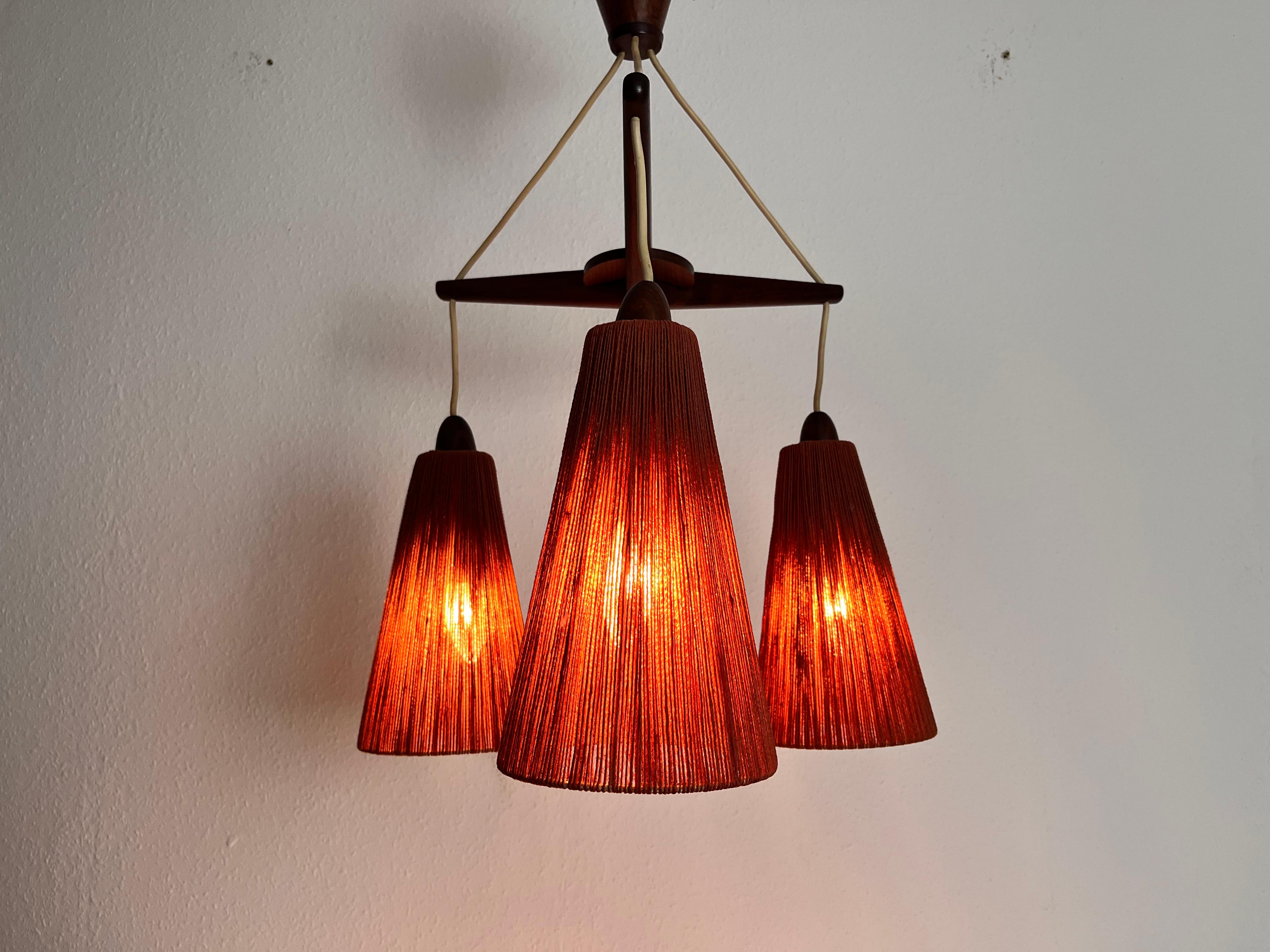 Midcentury Teak and Cord Shade Hanging Lamp by Temde, circa 1960 For Sale 1