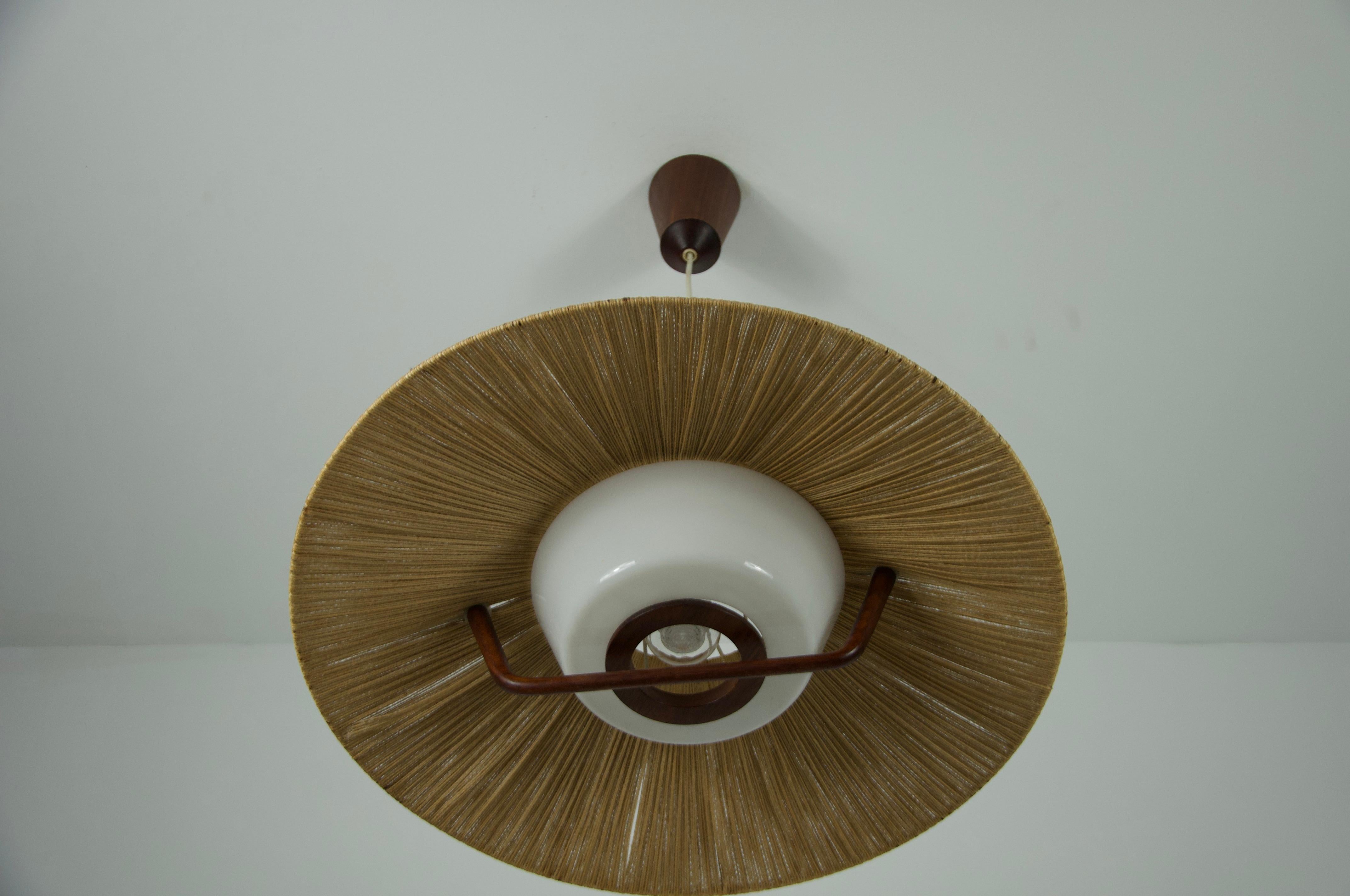 Lampada a sospensione di Temde con paralume in teak e corda, circa 1960 in vendita 1