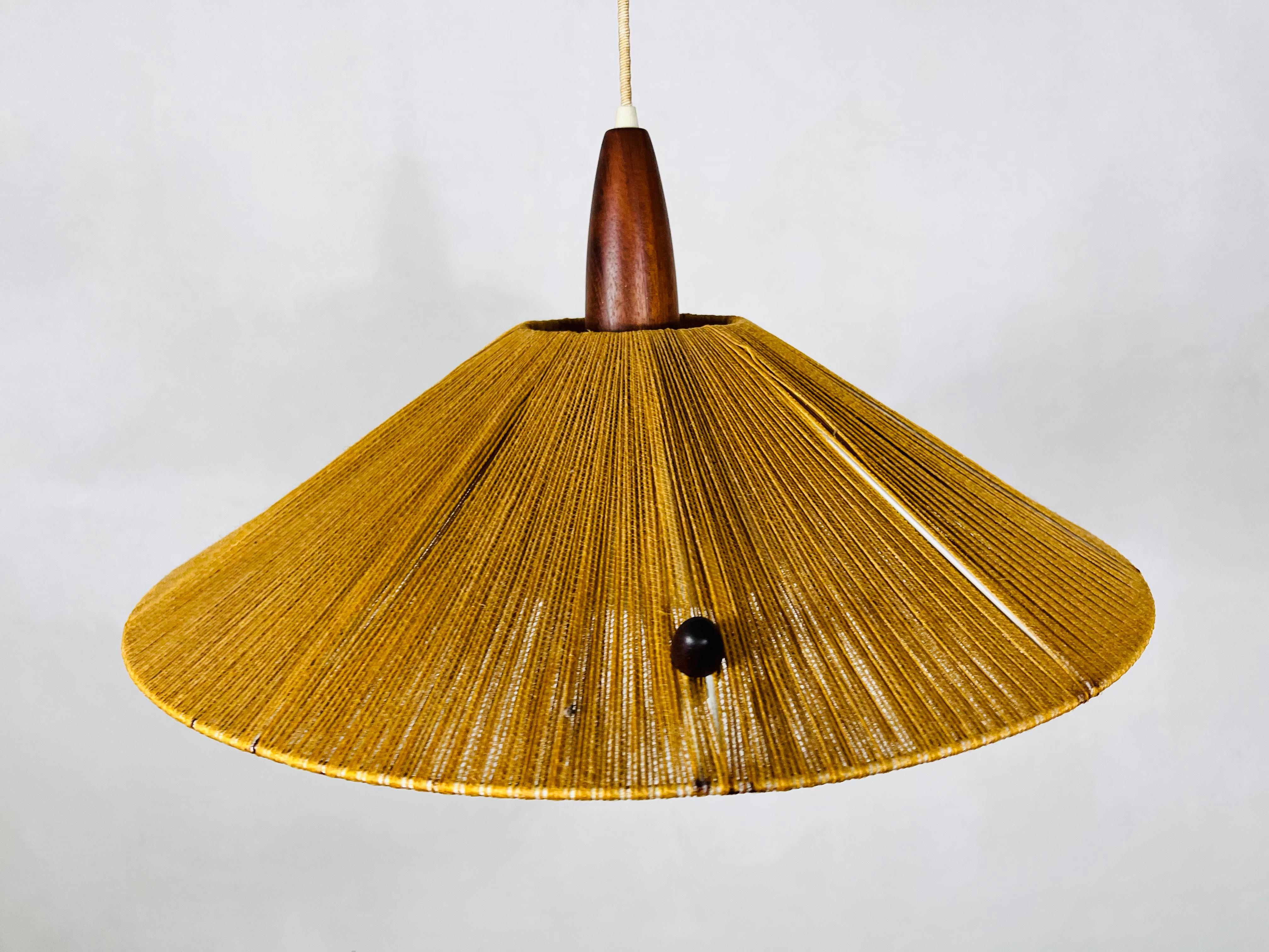 Midcentury Teak and Cord Shade Hanging Lamp by Temde, circa 1960 For Sale 2