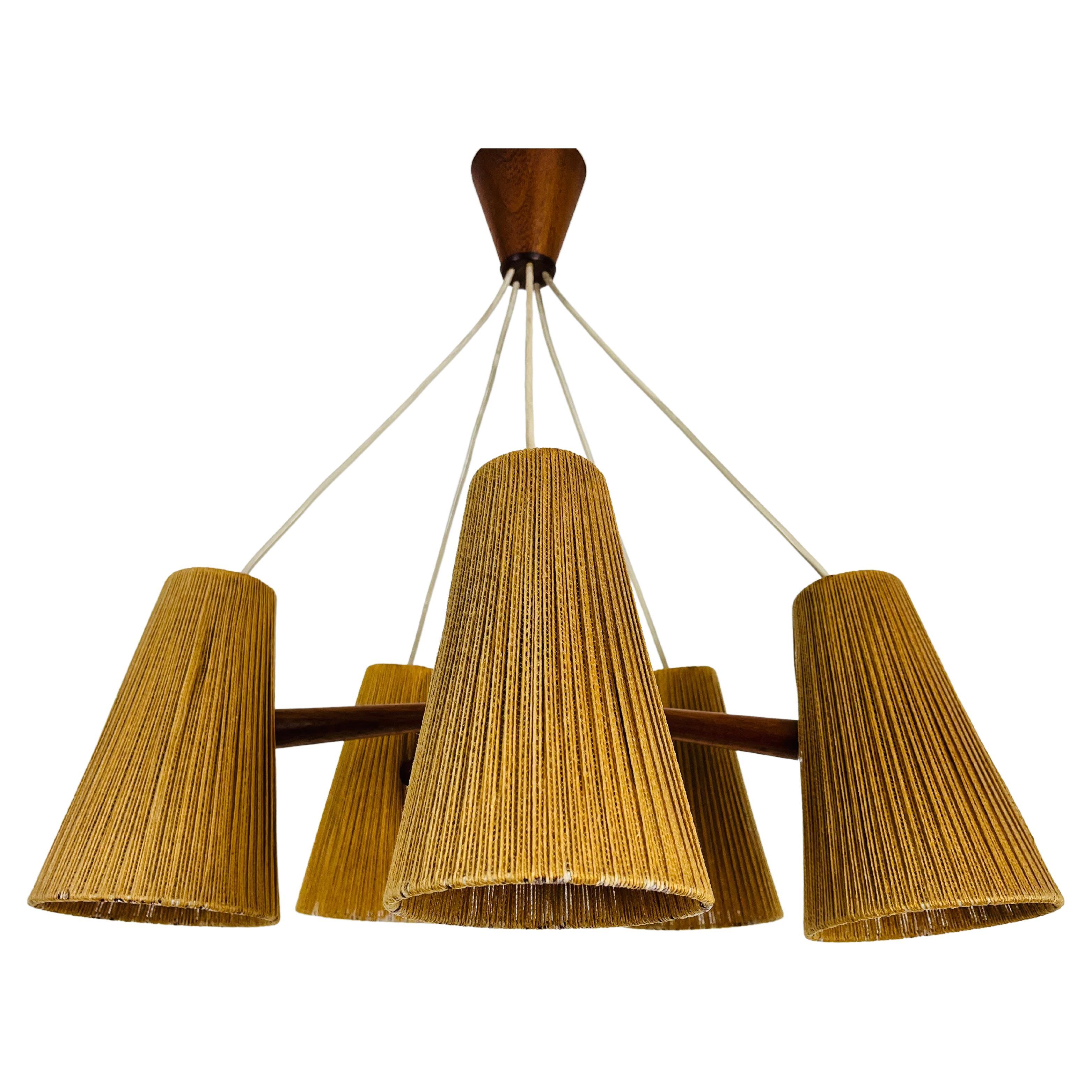 Midcentury Teak and Cord Shade Hanging Lamp by Temde, circa 1960