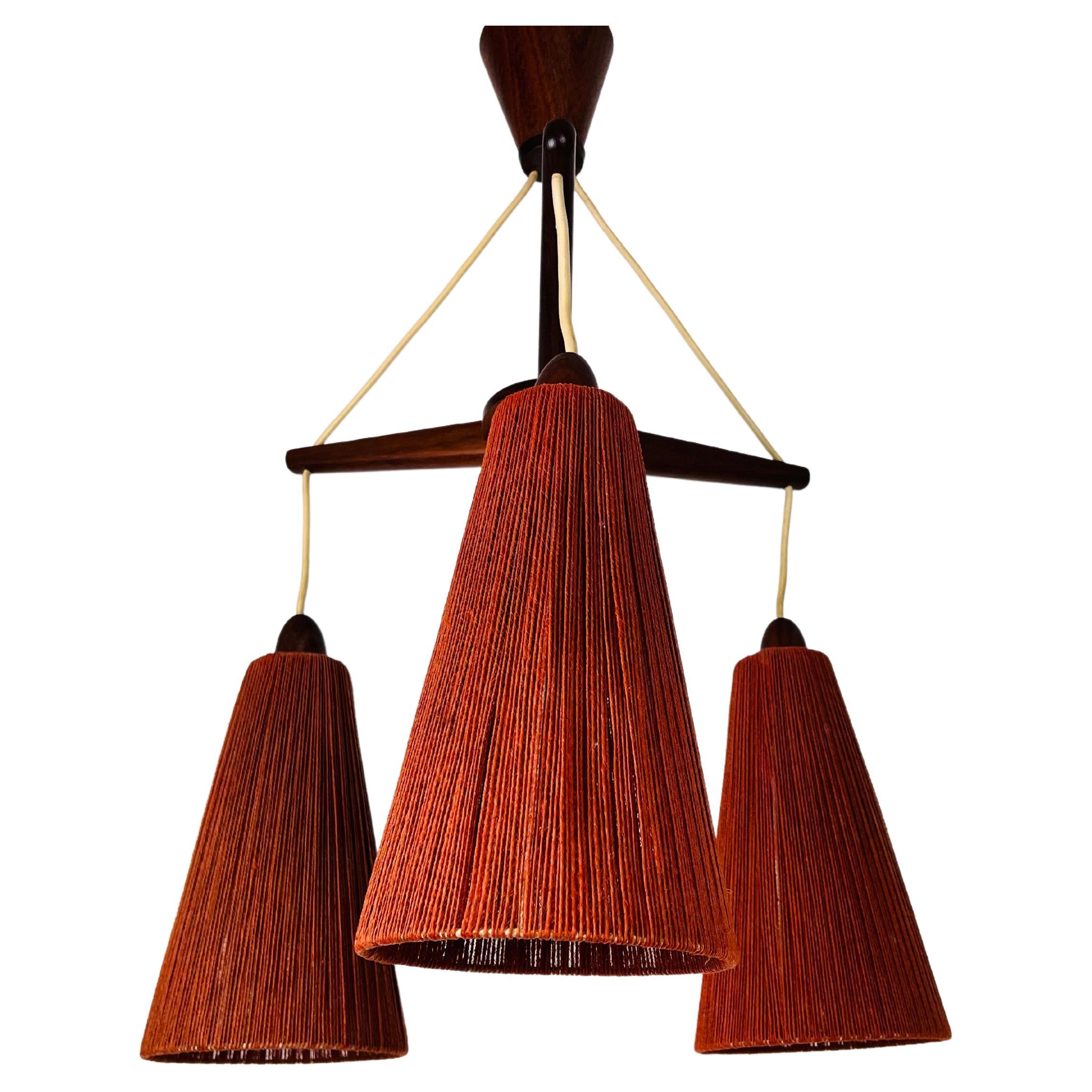 Midcentury Teak and Cord Shade Hanging Lamp by Temde, circa 1960 For Sale