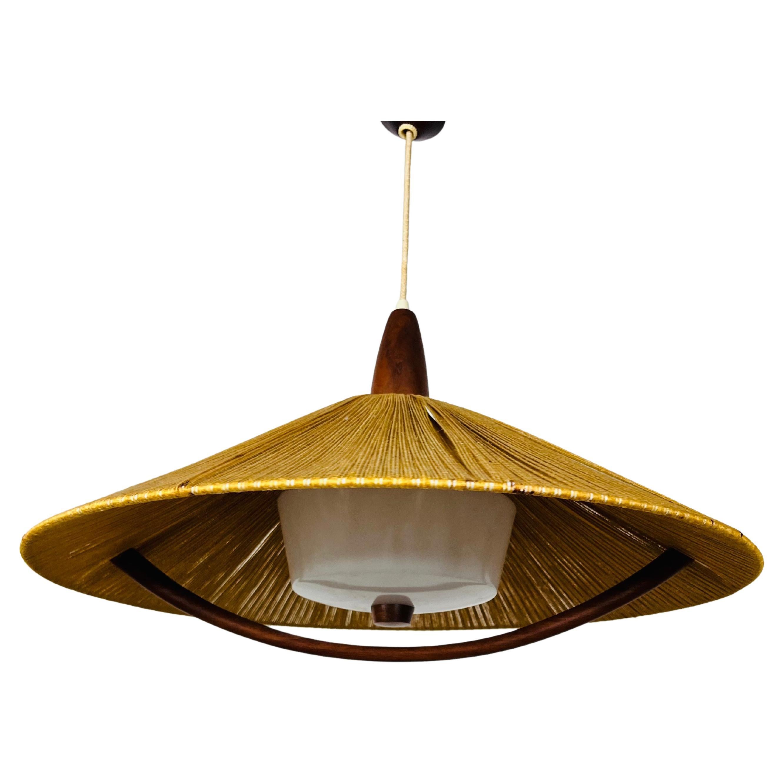Midcentury Teak and Cord Shade Hanging Lamp by Temde, circa 1960 For Sale