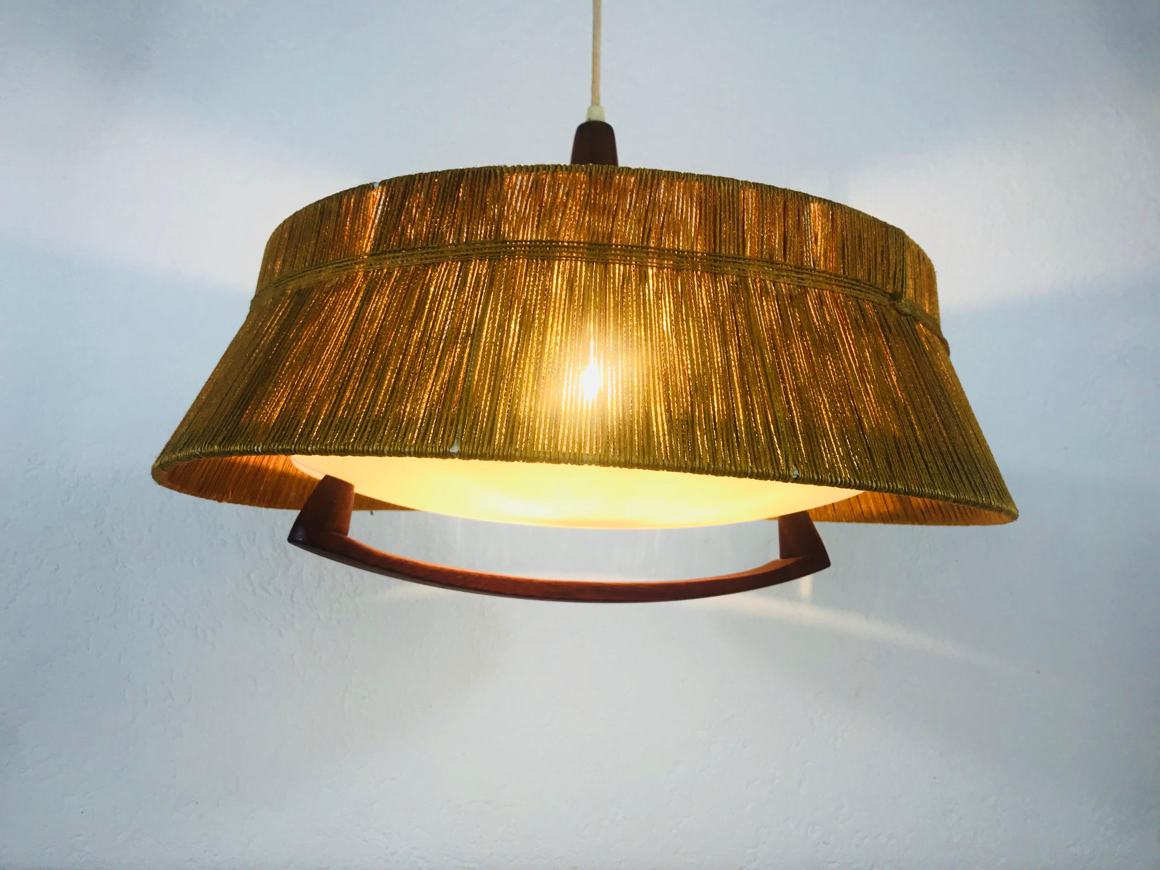Midcentury Teak and Cord Shade Hanging Lamp, circa 1960 In Excellent Condition In Hagenbach, DE