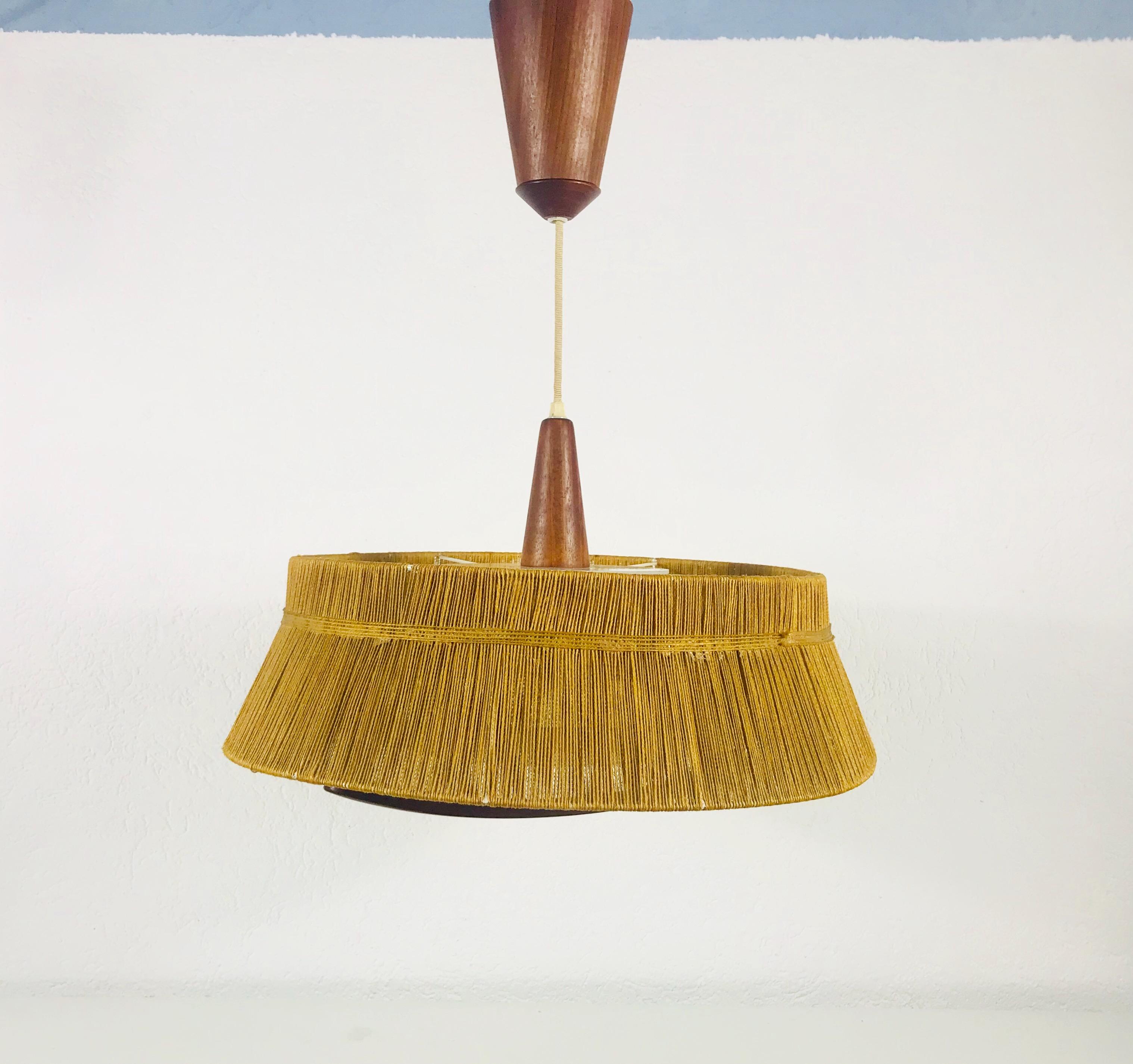 Mid-20th Century Midcentury Teak and Cord Shade Hanging Lamp, circa 1960