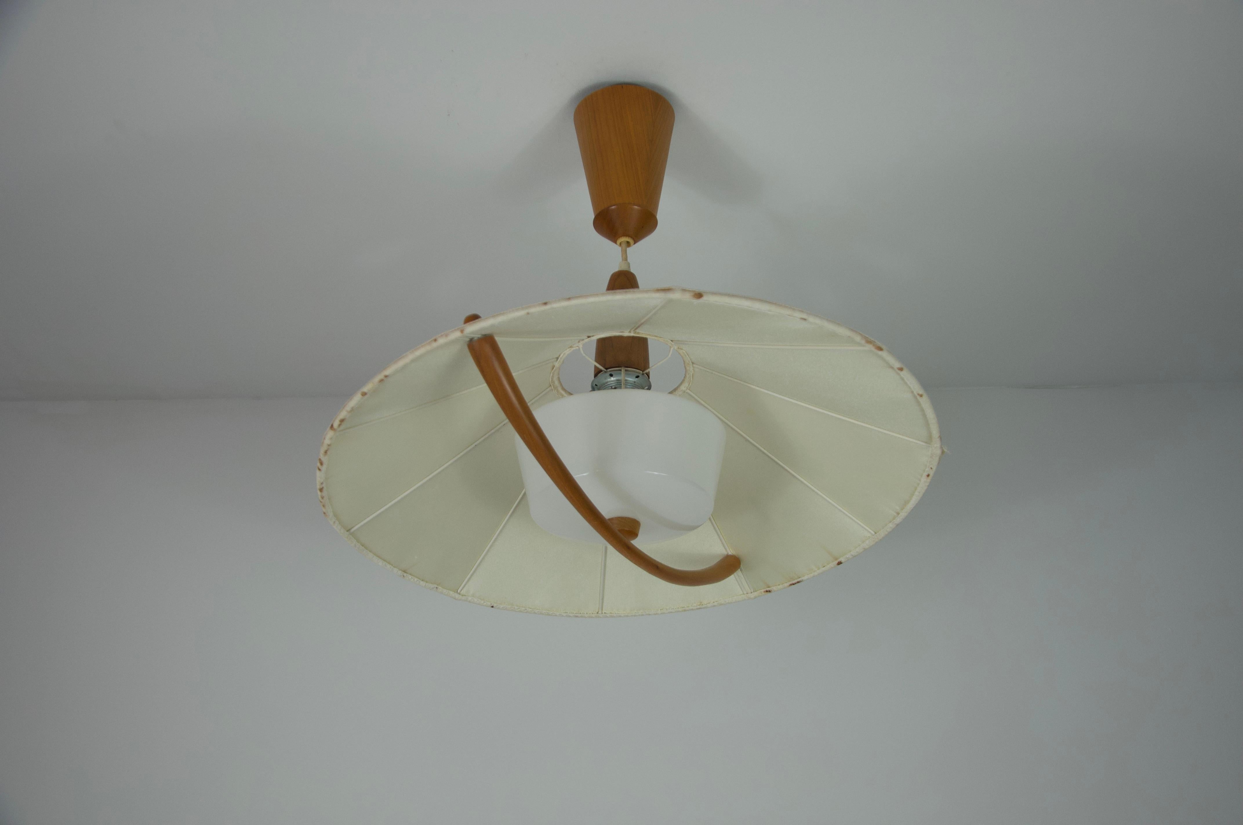 Lampada a sospensione in teak e con paralume in tessuto di Temde, circa 1960 in vendita 9