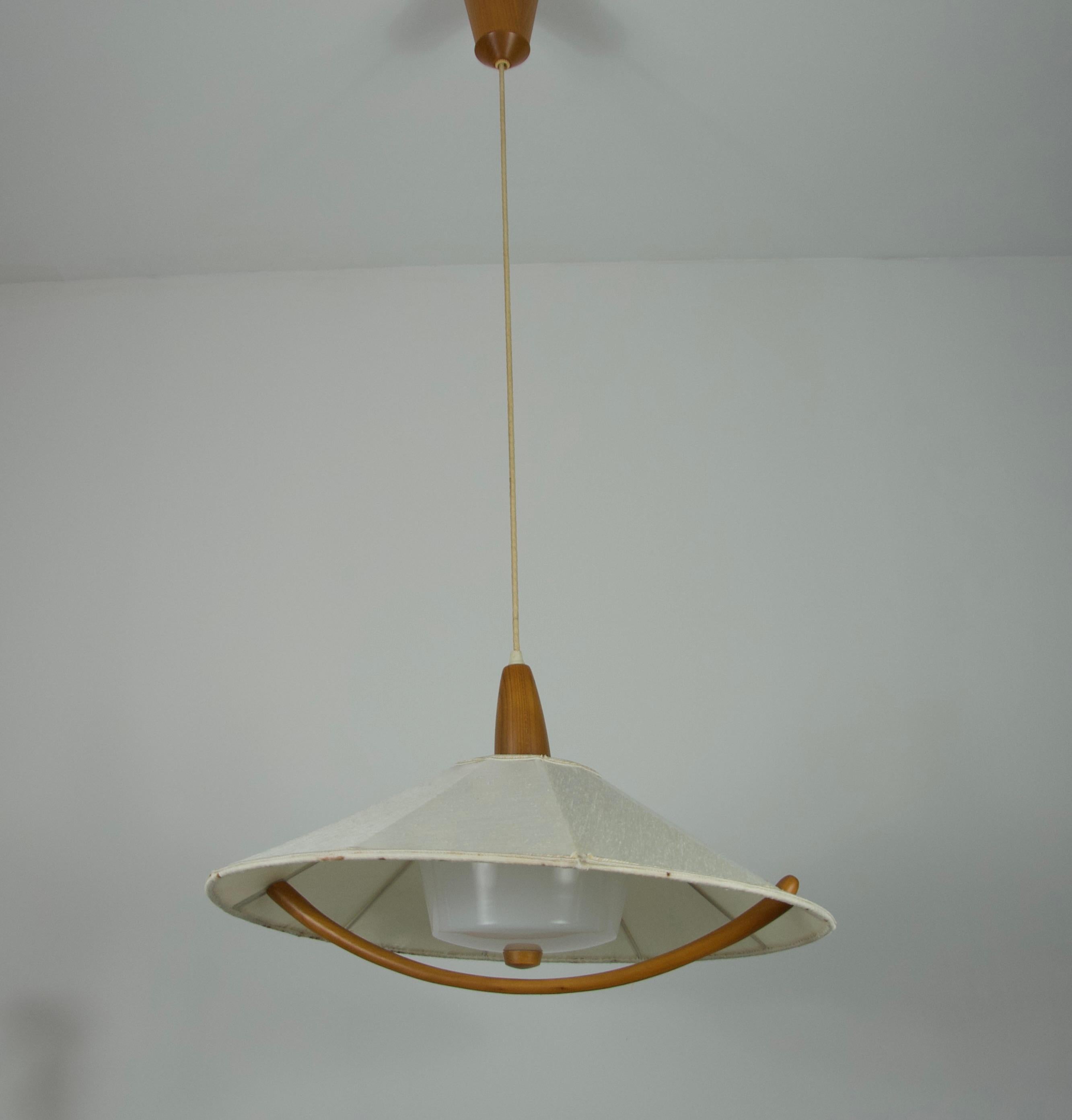 Lampada a sospensione in teak e con paralume in tessuto di Temde, circa 1960 in vendita 10