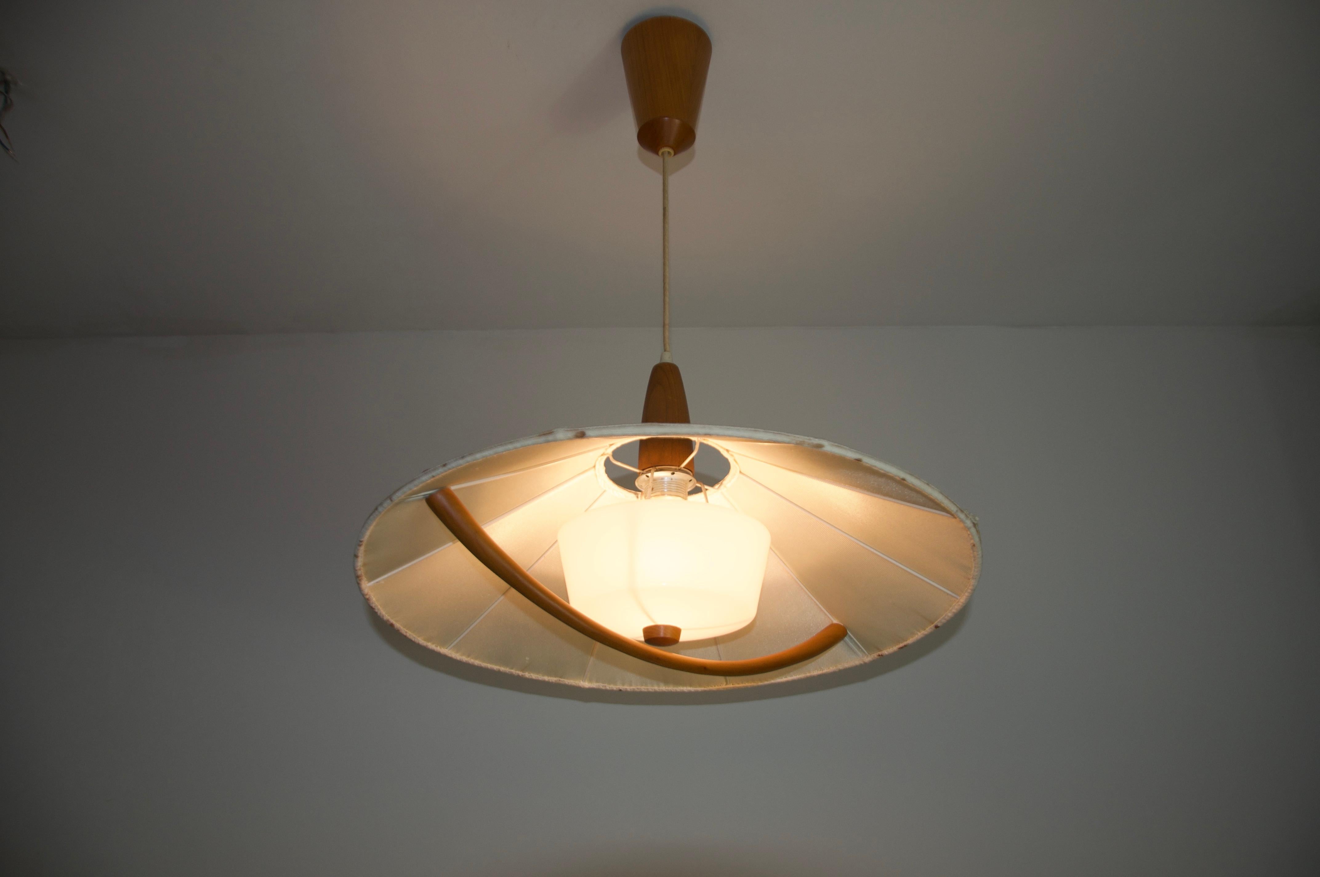 Una lampada a sospensione in teak degli anni '60, realizzata dall'azienda svizzera Temde. Questo pezzo, curato nei minimi dettagli, è un esempio di perfezionismo e qualità, con un design di ispirazione giapponese. Realizzato con materiali naturali e