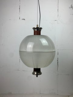 Midcentury teak and holophane sphere globe pendant, 1960s