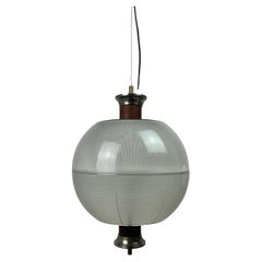 Midcentury teak and holophane sphere globe pendant, 1960s